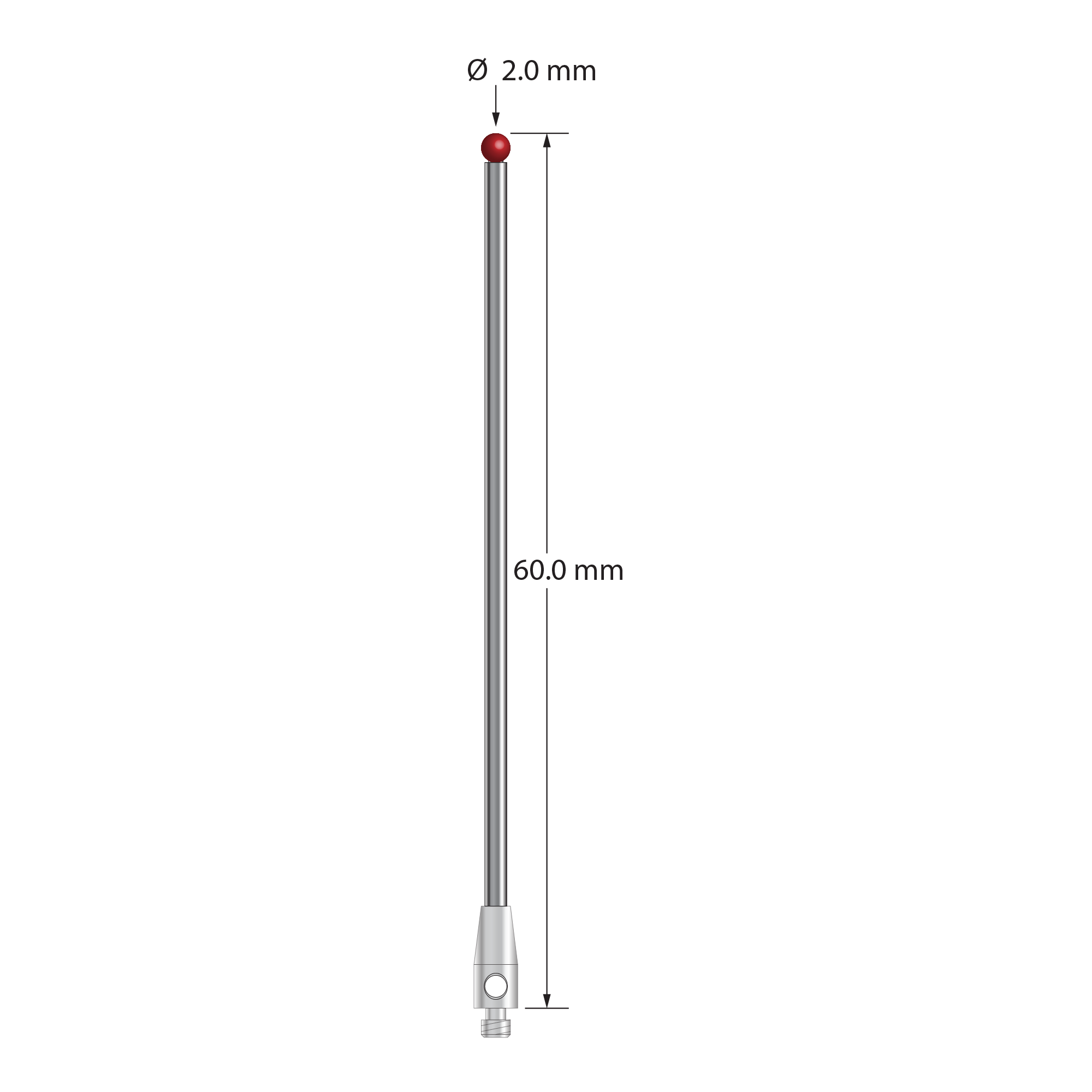 M2 stylus with 2.0 mm diameter ruby ball, 1.5 mm diameter carbide stem, and 3.0 mm diameter x 7.0 mm long stainless steel base. Overall stylus length is 60.0 mm. Stylus weight is 1.69 grams.