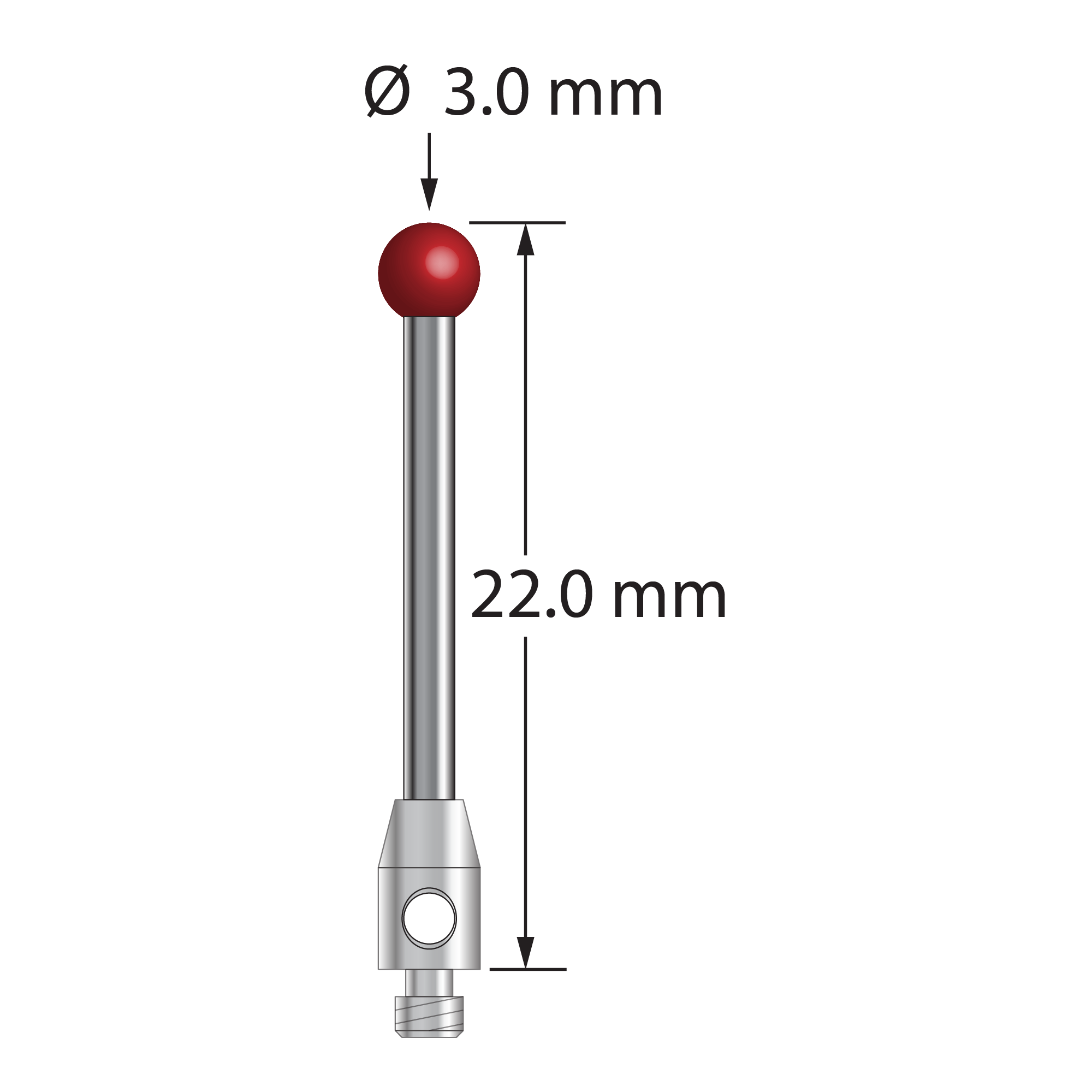 TM2-3022 M2 stylus with 3.0mm ruby ball, carbide stem, and stainless steel base, 22.0mm long by Q-Mark Manufacturing, Inc.