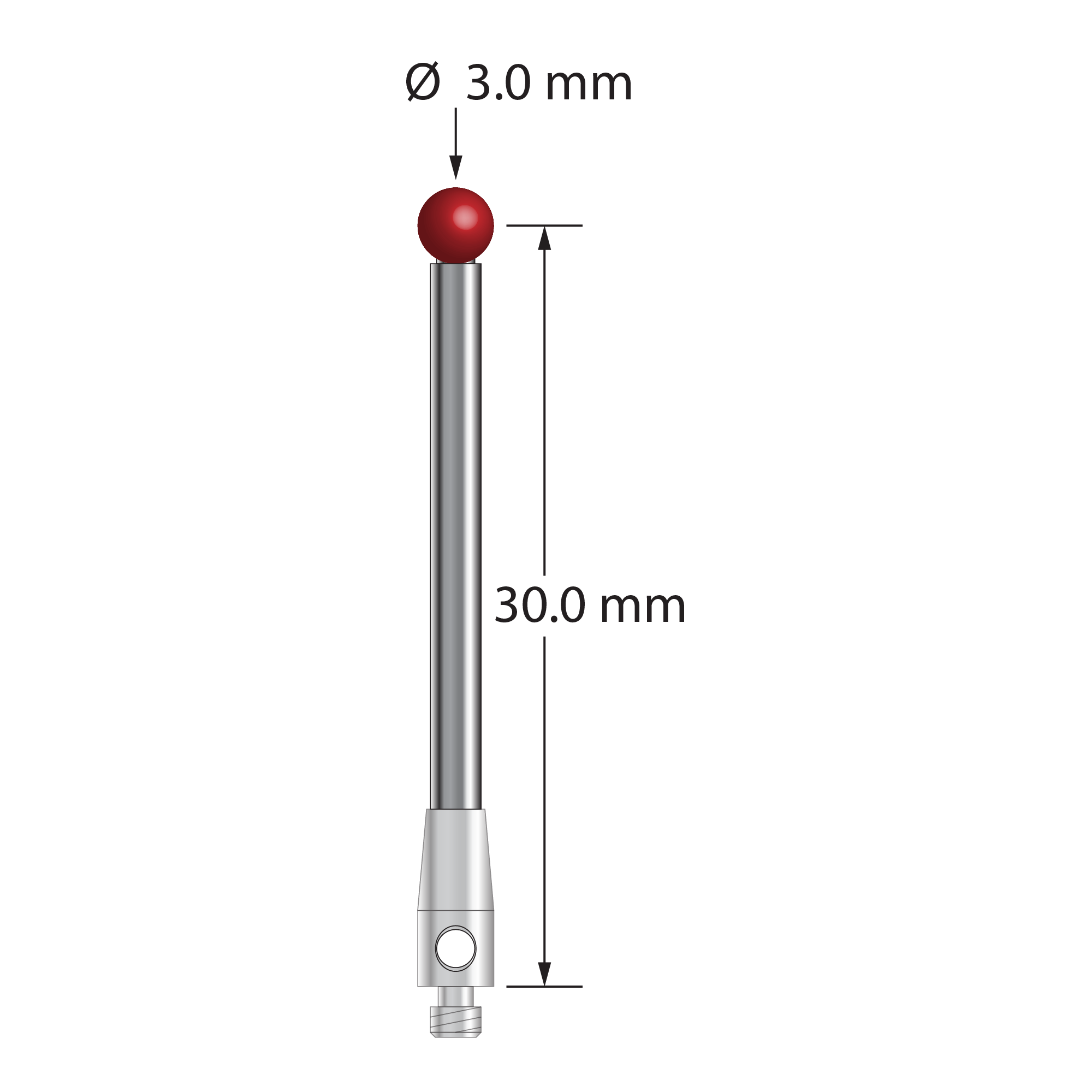 M2 stylus with 3.0 mm diameter ruby ball, 2.0 mm diameter carbide stem, and 3.0 mm diameter x 7.0 mm long stainless steel base. Stylus length to ball center is 30.0 mm. Stylus weight is 1.45 grams. Compare to Renishaw A-5003-0040 and Mitutoyo K651260.