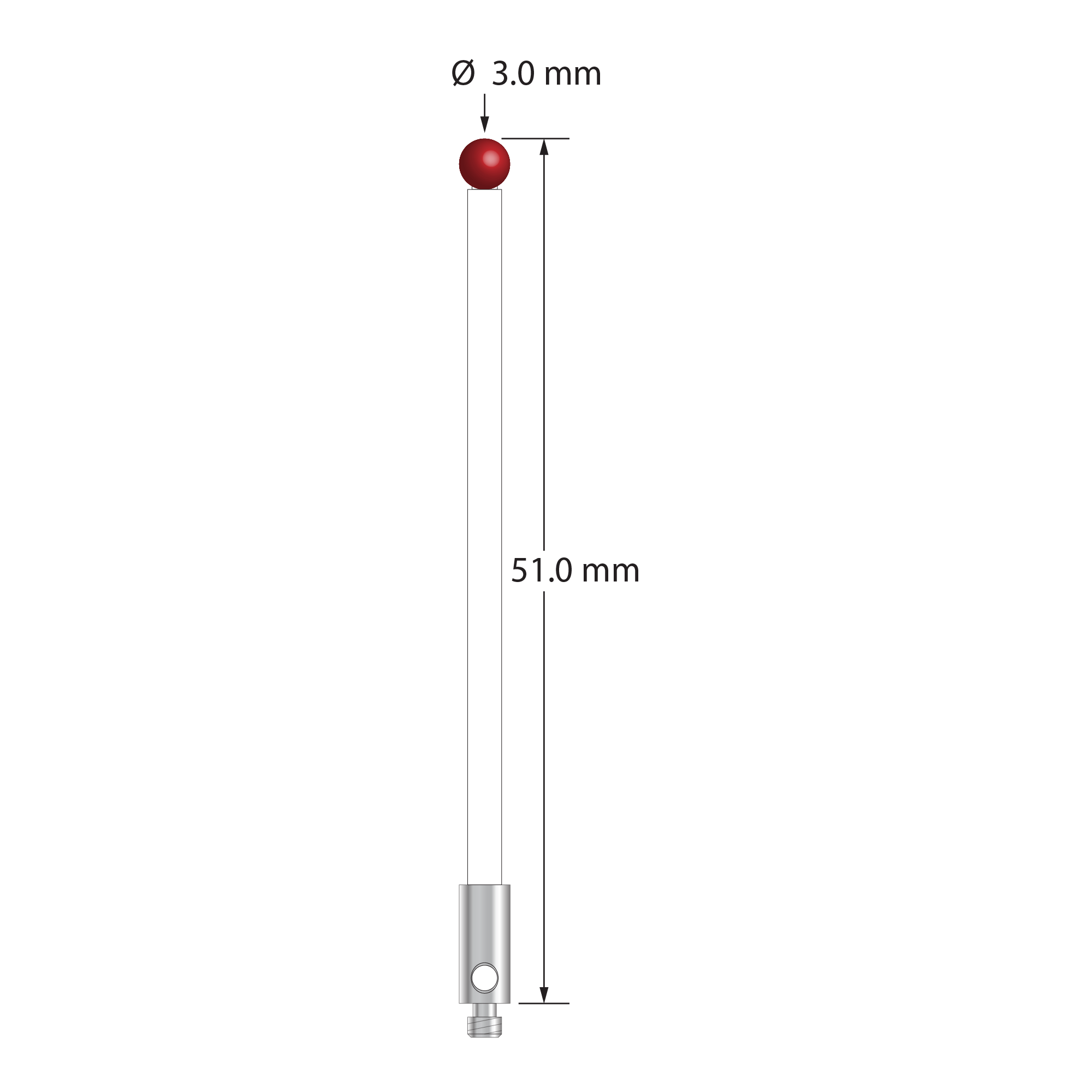 TM2-3051-C M2 stylus with 3.0mm ruby ball, ceramic stem, and stainless steel base, 51.0mm long by Q-Mark Manufacturing, Inc.