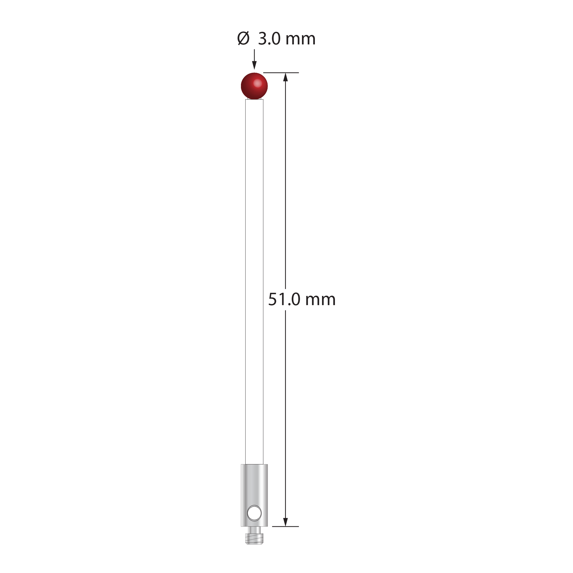 M2 stylus with 3.0 mm diameter ruby ball, 2.0 mm diameter ceramic stem, and 3.0 mm diameter x 7.0 mm long stainless steel base. Overall stylus length is 51.0 mm. Stylus weight is 0.77 gram.