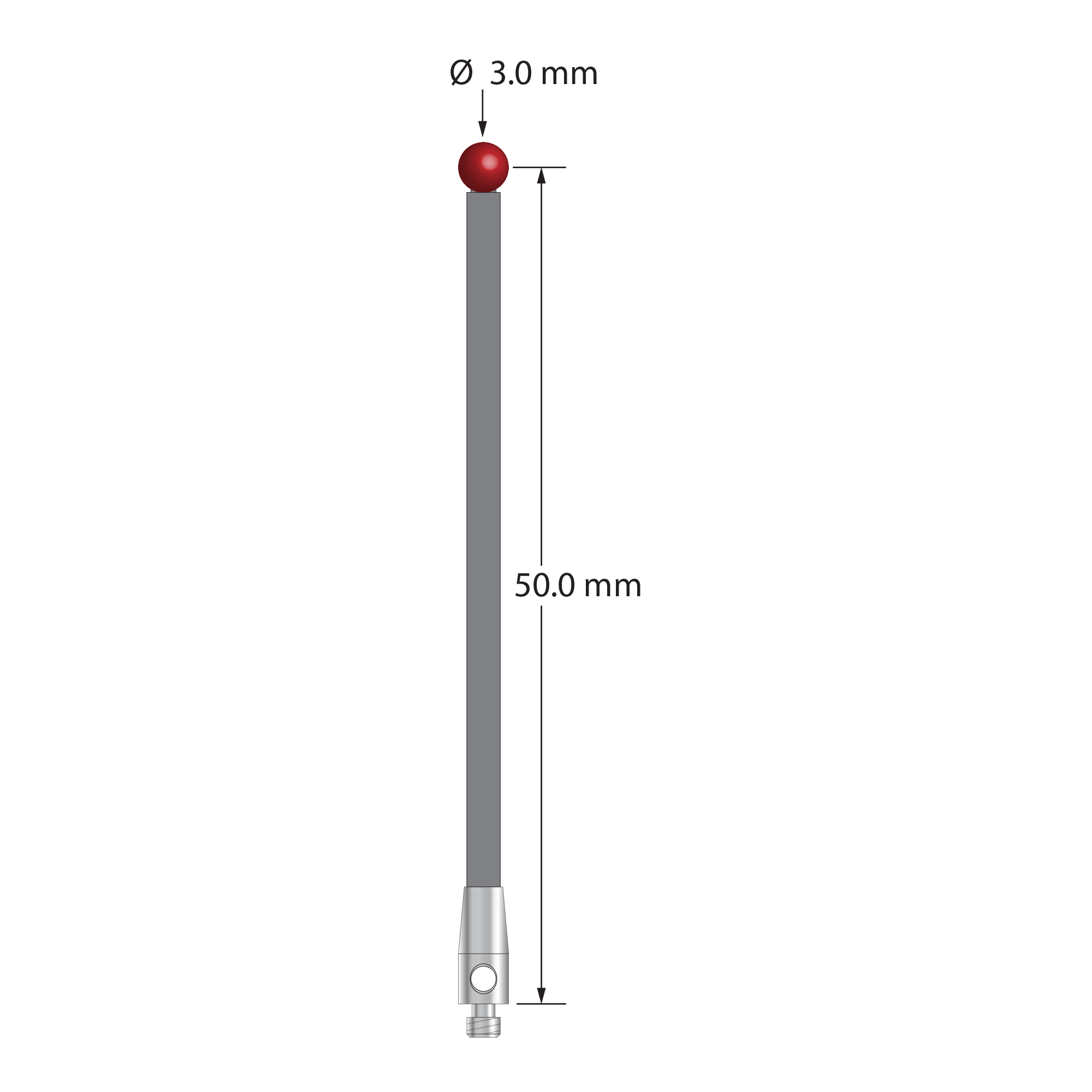 TM2-3051.5-G M2 stylus with 3.0mm ruby ball, carbon fiber stem, and stainless steel base, 50.0mm long.
