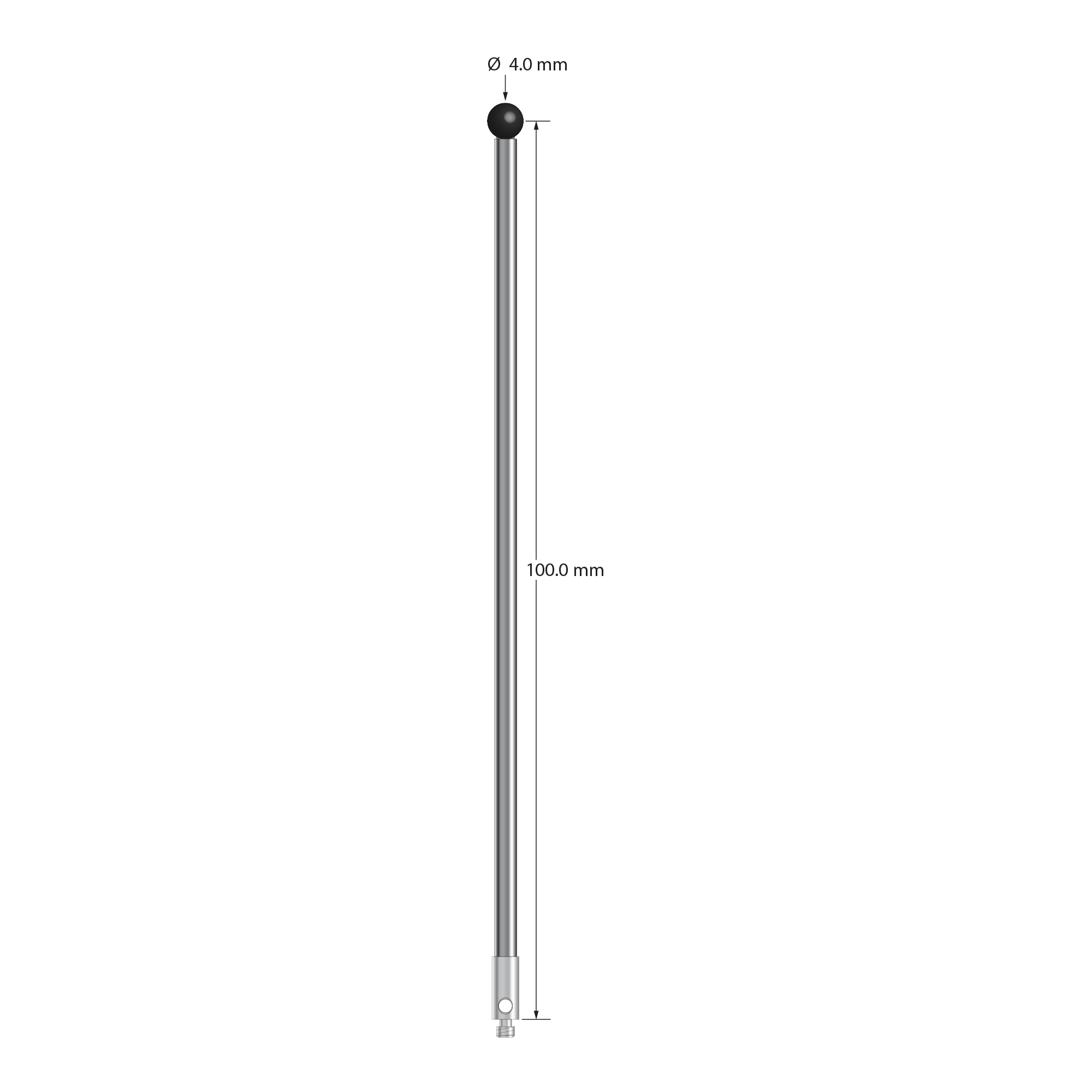 TM2-40102-SN M2 stylus with 4.0mm silicon nitride ball, carbide stem, and stainless steel base, 100mm long.