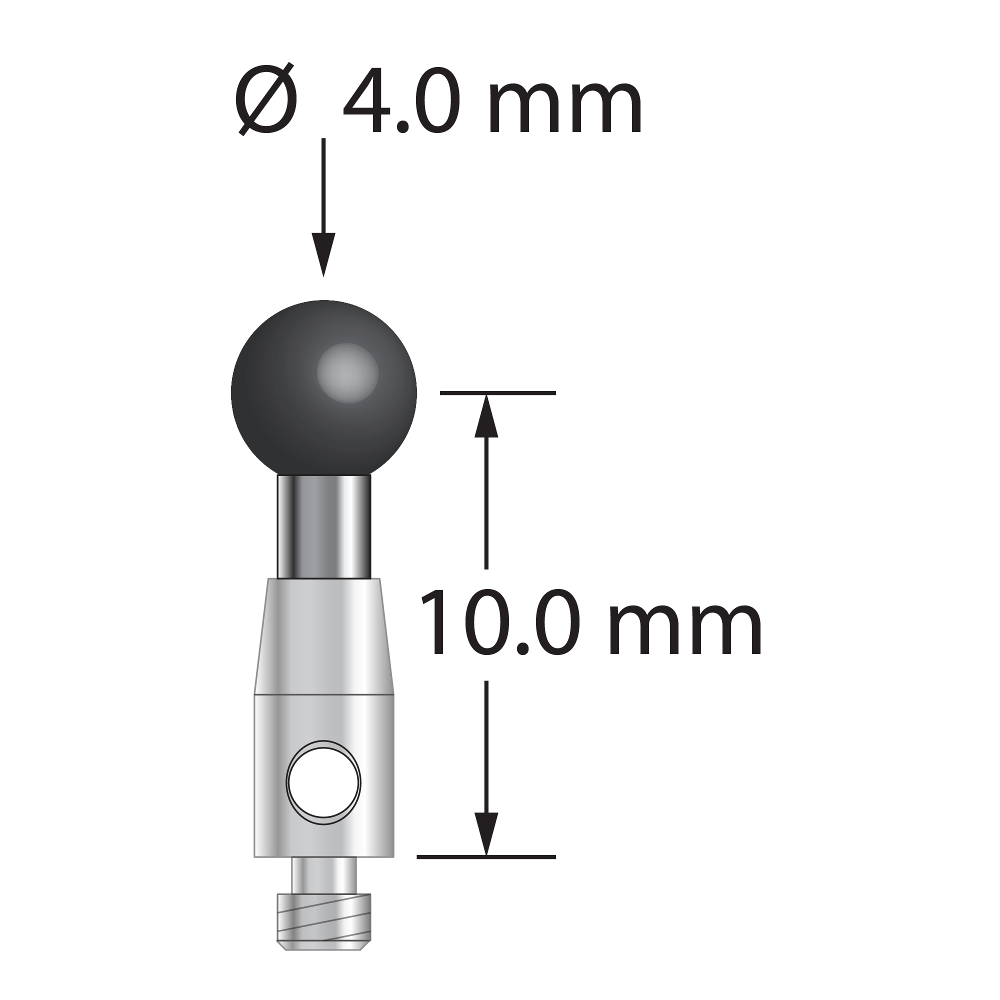 M2 stylus with 4.0 mm diameter silicon nitride ball, 2.0 mm diameter carbide shaft, and 3.0 mm diameter x 6.0 mm long stainless steel base. Stylus length to ball center is 10.0 mm. Stylus weight is 0.49 gram.