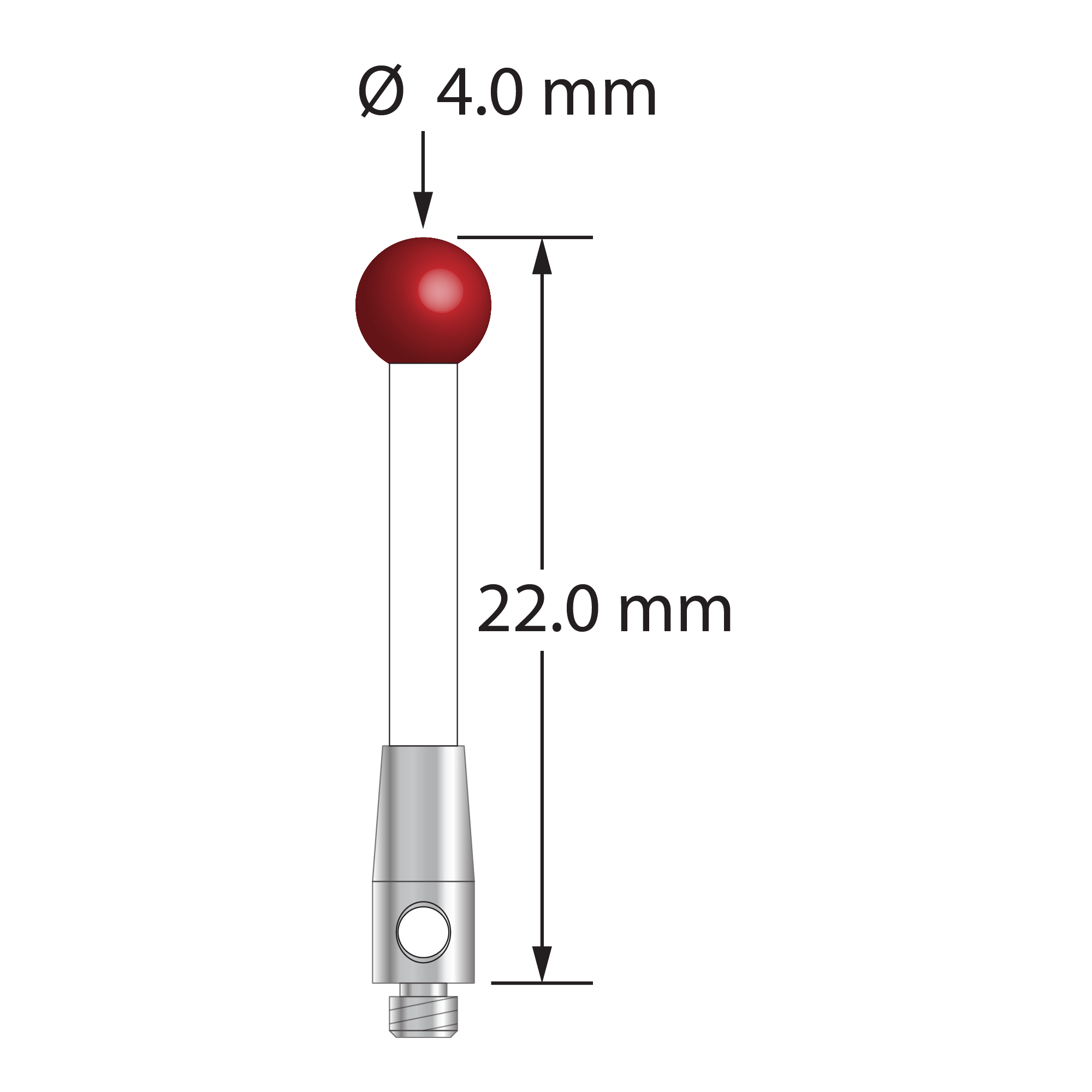 TM2-4022-C M2 stylus with 4.0mm ruby ball, ceramic stem, and stainless steel base, 22.0mm long by Q-Mark Manufacturing, Inc.
