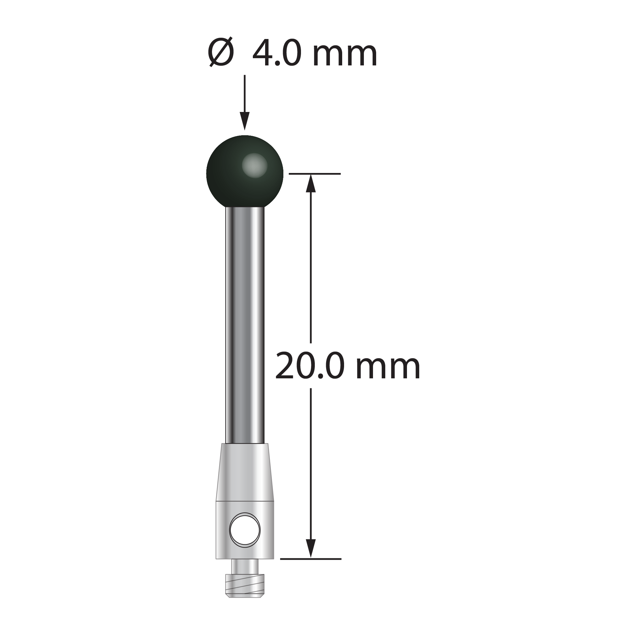 M2 stylus with 4.0 mm diameter silicon nitride ball, 2.0 mm diameter carbide stem, and 3.0 mm diameter x 6.0 mm long stainless steel base. Stylus length to ball center is 20.0 mm. Stylus weight is 0.94 gram.