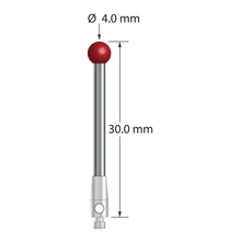 M2 stylus with 4.0 mm diameter ruby ball, 2.0 mm diameter carbide stem, and 3.0 mm diameter x 7.0 mm long stainless steel base. Overall stylus length is 30.0 mm. Stylus weight is 1.36 grams.