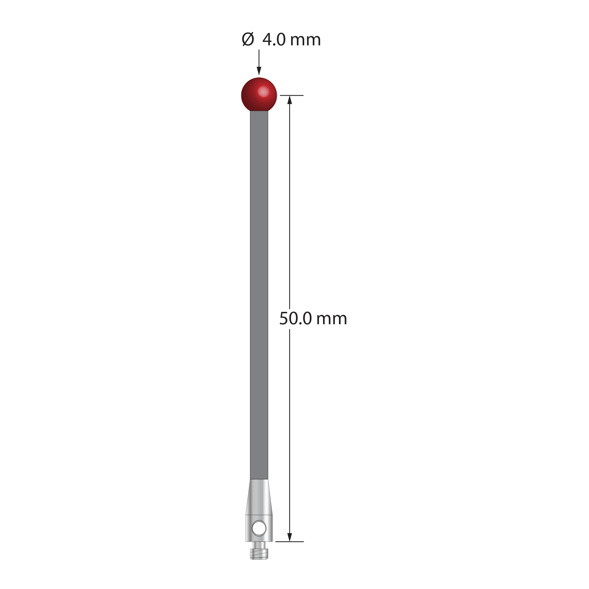 TM2-4052-G-DS2 M2 stylus with 4.0mm ruby ball, carbon fiber stem, and stainless steel base, 50mm long.