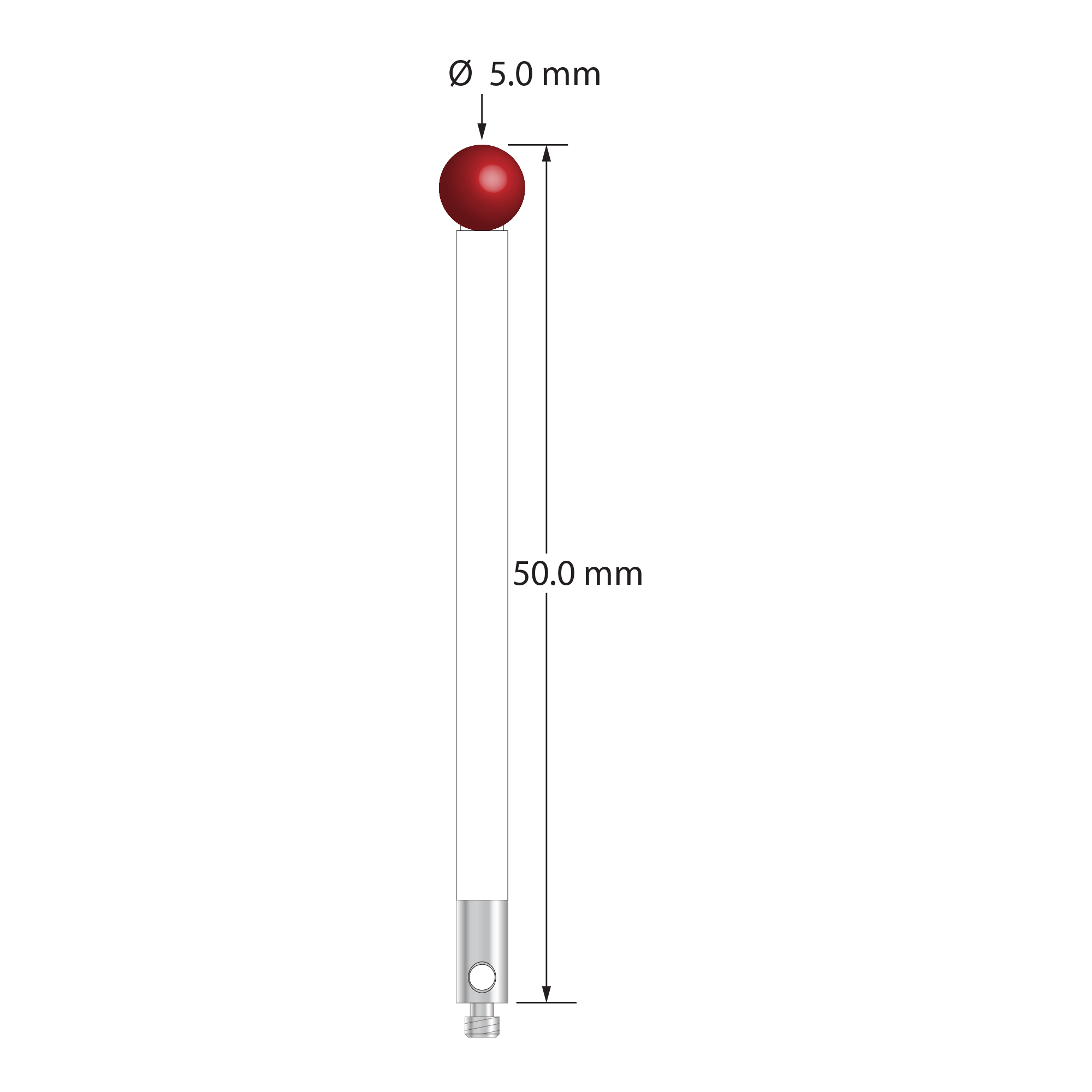 M2 stylus with 5.0 mm diameter ruby ball, 2.5 mm diameter ceramic stem, and 3.0 mm diameter x 6.0 mm long stainless steel base. Overall stylus length is 50.0 mm. Stylus weight is 1.23 grams.