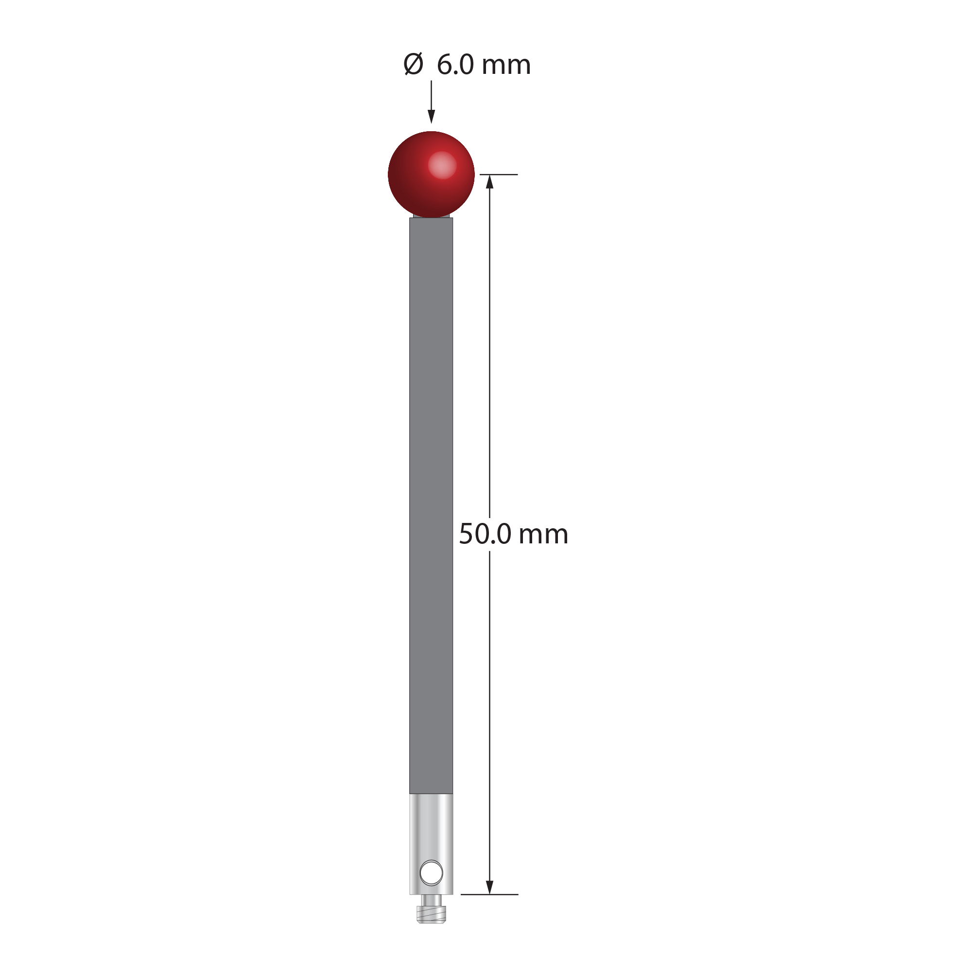 M2 stylus with 6.0 mm diameter ruby ball, 3.0 mm diameter carbon fiber stem, and 3.0 mm diameter x 7.0 mm long stainless steel base. Stylus length to ball center is 50.0 mm. Stylus weight is 1.08 grams. Compare to Renishaw A-5003-2287.