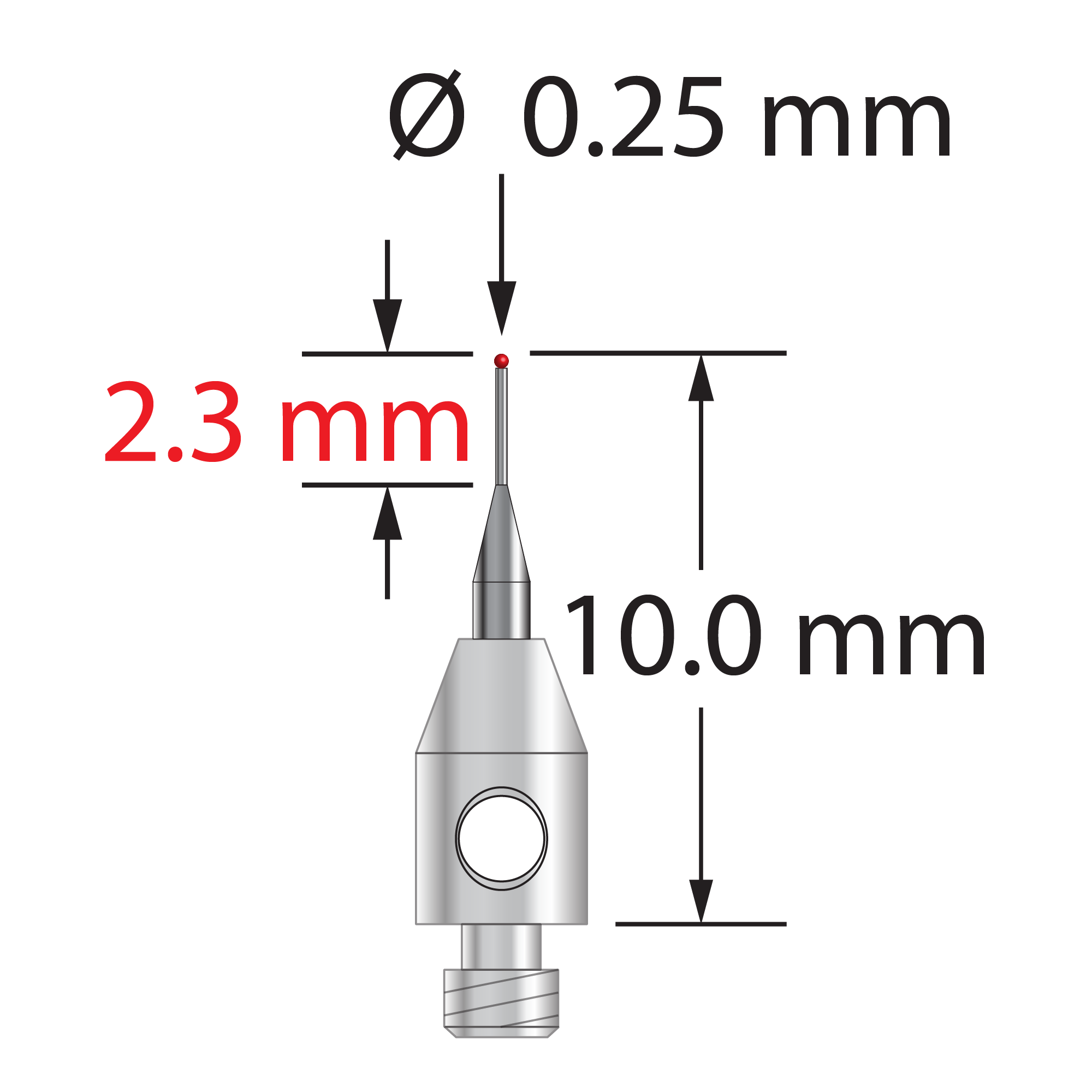 TM2-.2510-R M2 stylus with 0.25mm ruby ball, tapered carbide stem, stainless steel base, 10mm long.