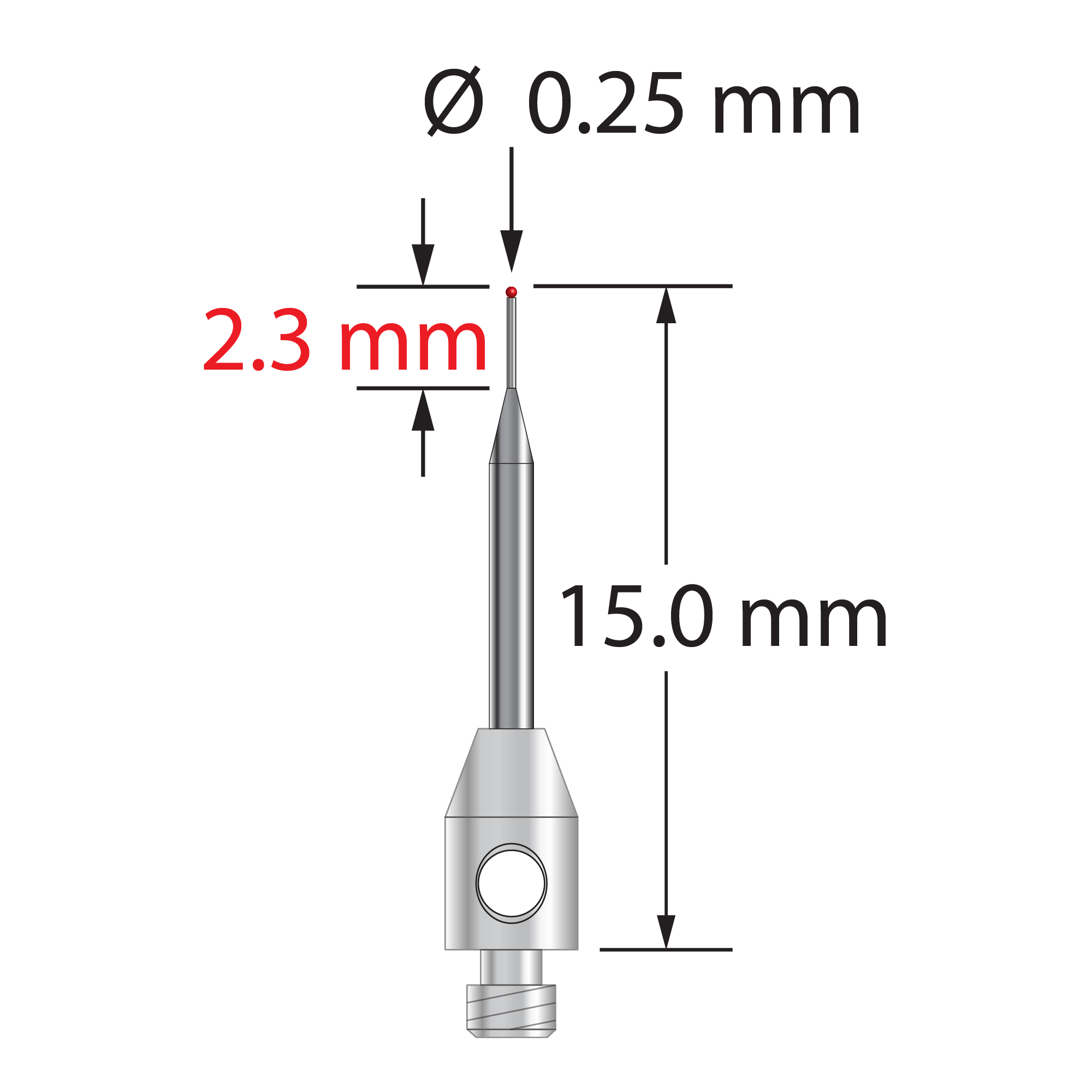 TM2-.2515-R M2 stylus with 0.25mm ruby ball, tapered carbide stem, stainless steel base, 15mm long.