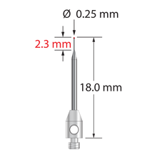 TM2-.2518-R M2 stylus with 0.25mm ruby ball, tapered carbide stem, and stainless steel base, 18mm long.