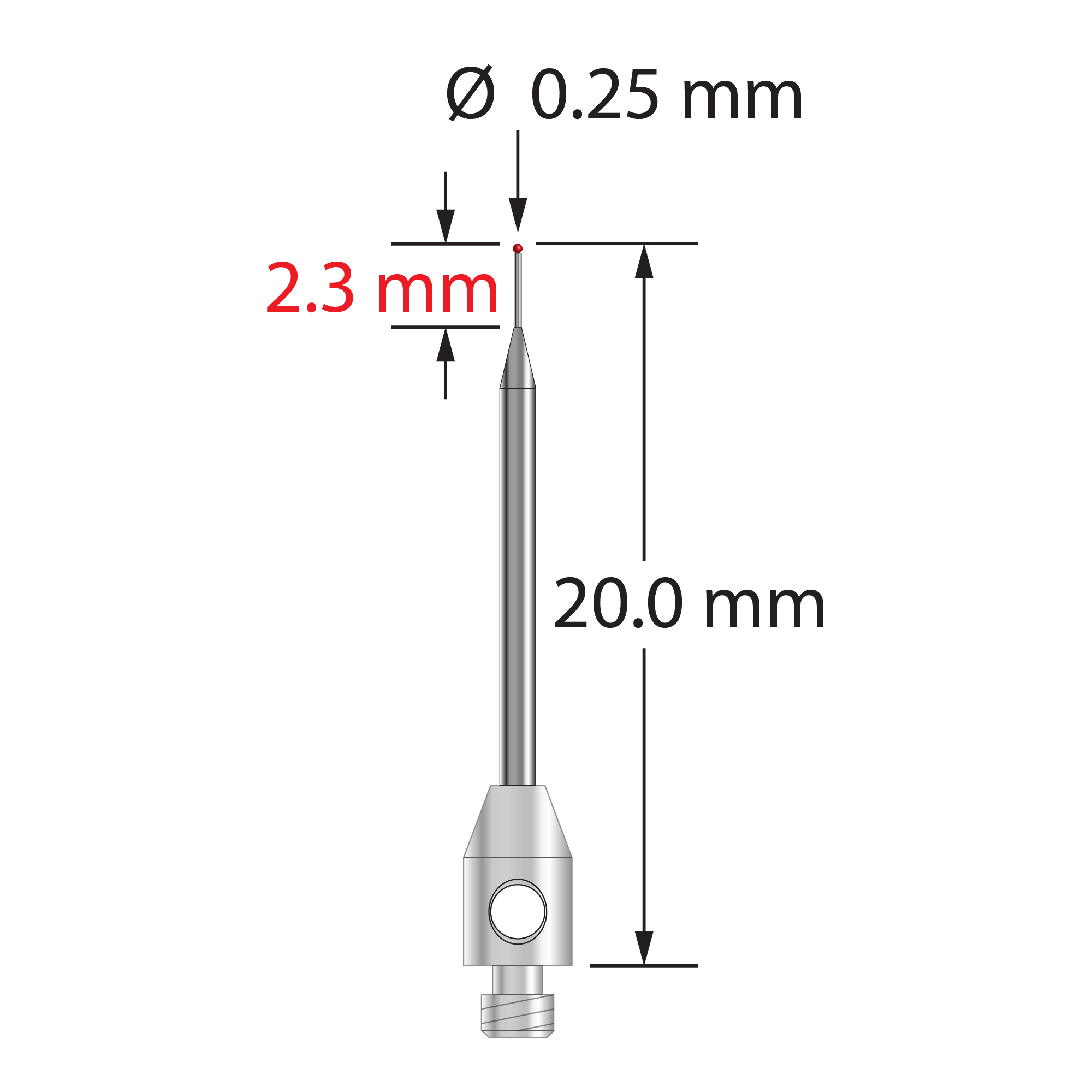 TM2-.2520-R M2 stylus with 0.25mm ruby ball, tapered carbide stem, and stainless steel base.