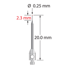 TM2-.2520-R M2 stylus with 0.25mm ruby ball, tapered carbide stem, and stainless steel base.