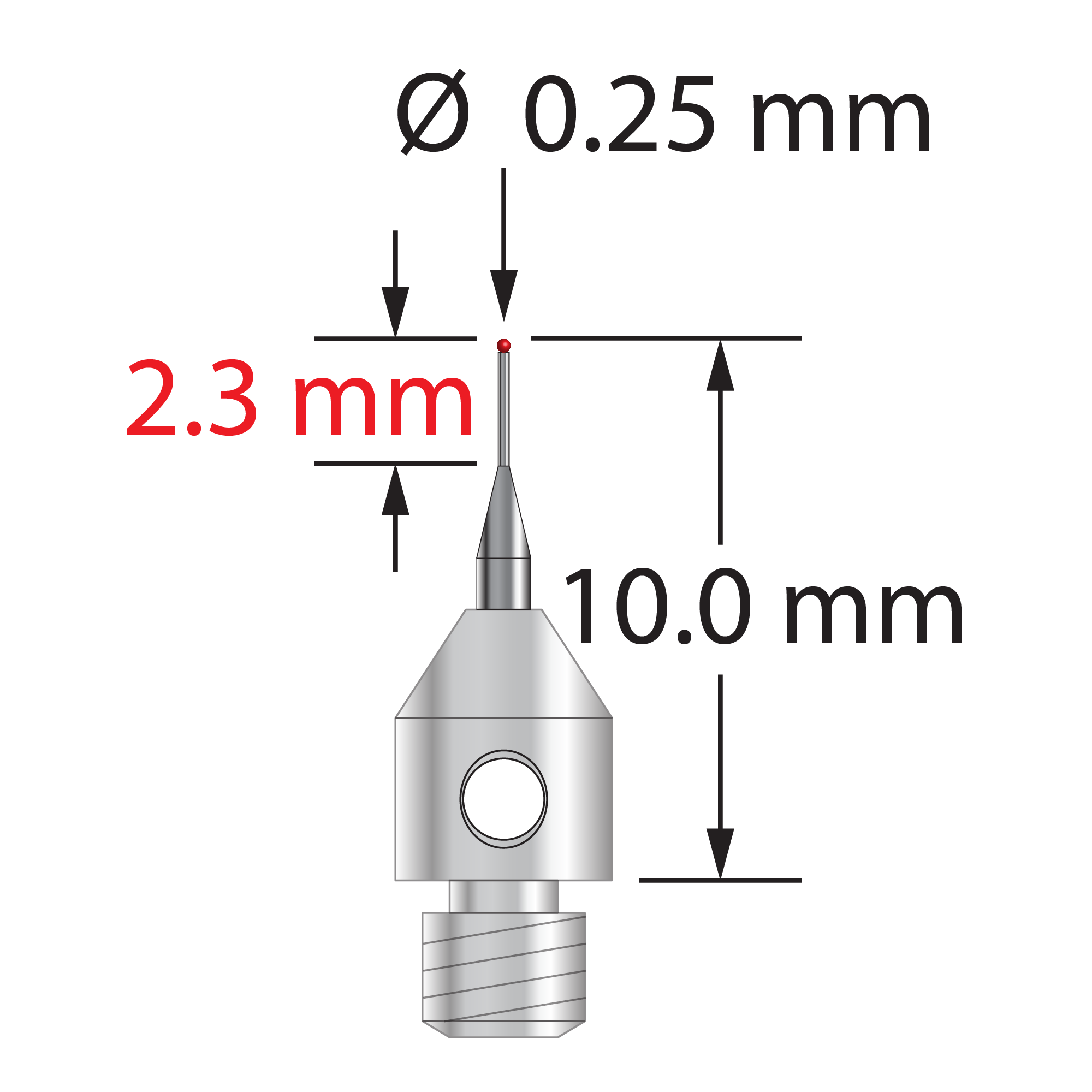 M3 stylus with 0.25 mm diameter ruby ball, tapered carbide stem, and 4.0 mm diameter x 5.0 mm long stainless steel base. Minor stem diameter is 0.2 mm; major diameter is 1.0 mm. Overall stylus length is 10.0 mm. Stylus weight is 0.46 gram.