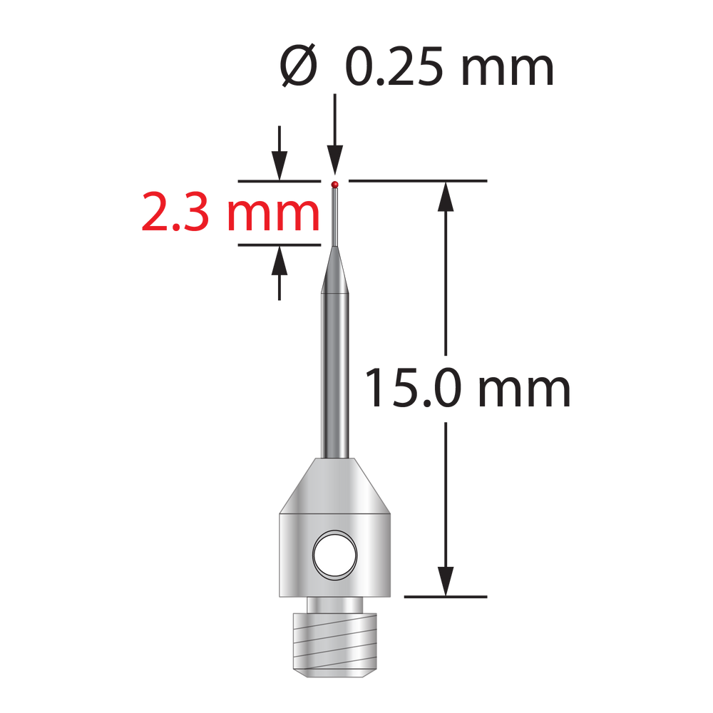 M3 stylus with 0.25 mm diameter ruby ball, tapered carbide stem, and 4.0 mm diameter x 5.0 mm long stainless steel base. Minor stem diameter is 0.2 mm, major diameter is 1.0 mm. Overall stylus length is 15.0 mm. Stylus weight is 0.51 gram.
