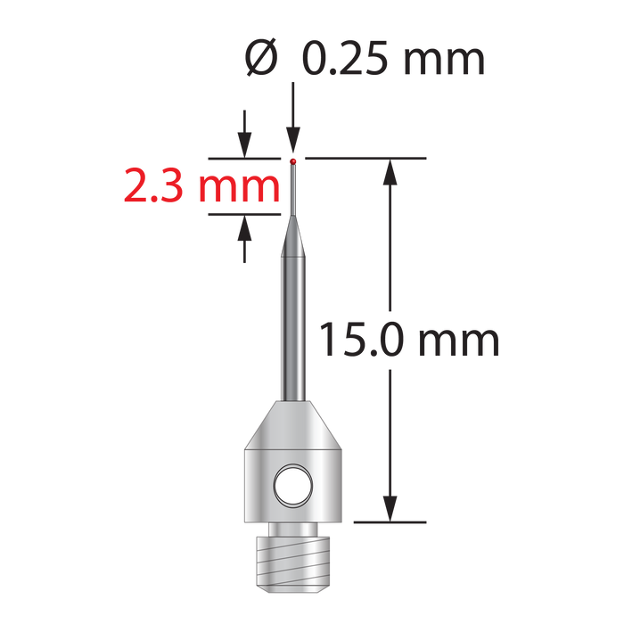 M3 stylus with 0.25 mm diameter ruby ball, tapered carbide stem, and 4.0 mm diameter x 5.0 mm long stainless steel base. Minor stem diameter is 0.2 mm, major diameter is 1.0 mm. Overall stylus length is 15.0 mm. Stylus weight is 0.51 gram.