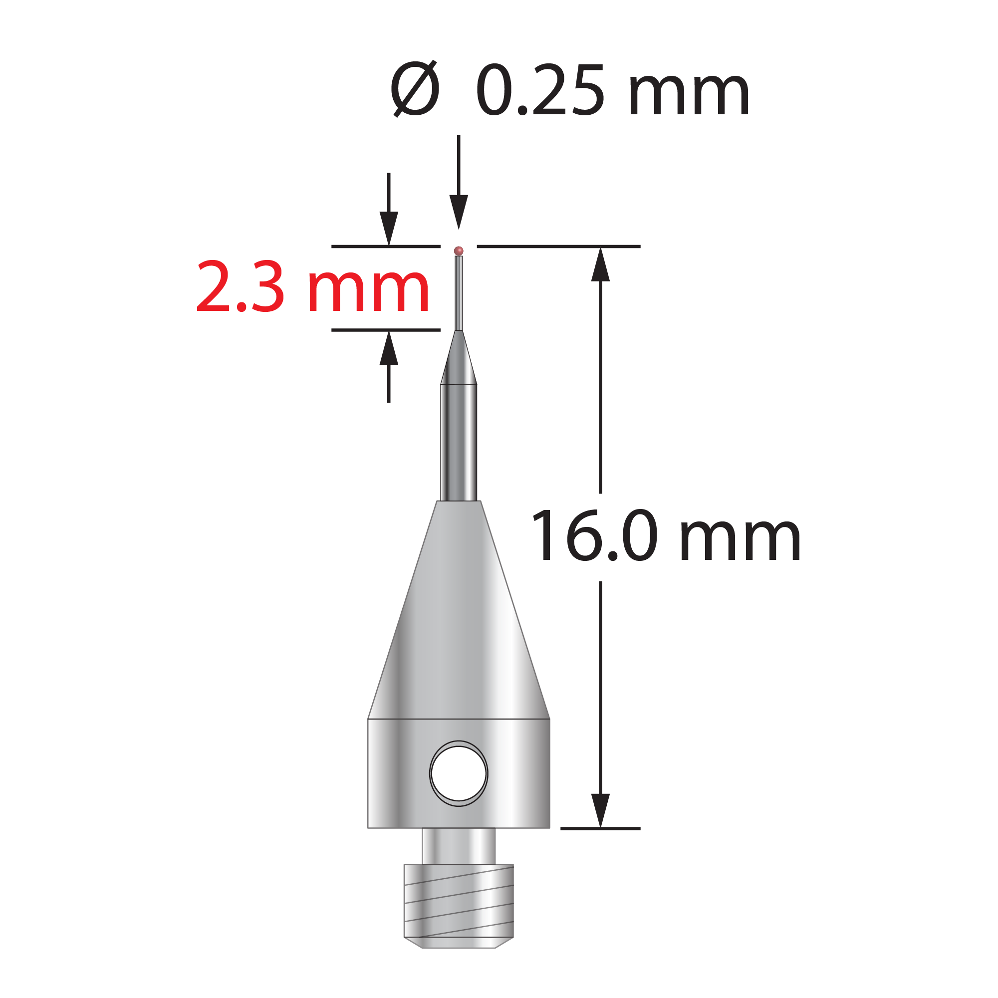 M3 stylus with 0.25 mm diameter ruby ball, tapered carbide stem, and 5.0 mm diameter x 9.0 mm long titanium base. Overall stylus length is 16.0 mm. Stylus weight is 0.50 gram.