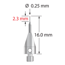 M3 stylus with 0.25 mm diameter ruby ball, tapered carbide stem, and 5.0 mm diameter x 9.0 mm long titanium base. Overall stylus length is 16.0 mm. Stylus weight is 0.50 gram.