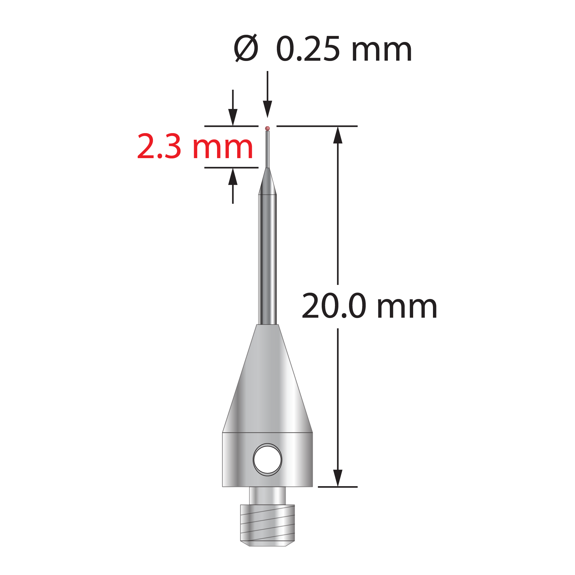M3 stylus with 0.25 mm diameter ruby ball, tapered carbide stem, and 5.0 mm diameter x 9.0 mm long titanium base. Overall stylus length is 20.0 mm. Stylus weight is 0.54 gram.
