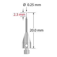 M3 stylus with 0.25 mm diameter ruby ball, tapered carbide stem, and 5.0 mm diameter x 9.0 mm long titanium base. Overall stylus length is 20.0 mm. Stylus weight is 0.54 gram.