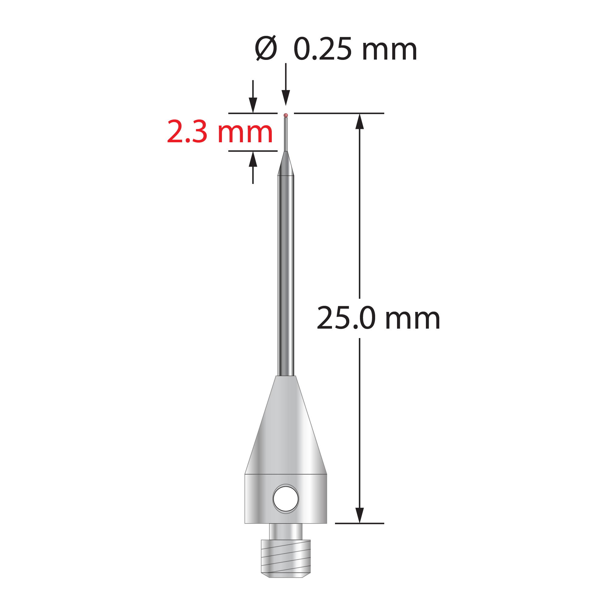 M3 stylus with 0.25 mm diameter ruby ball, tapered carbide stem, and 5.0 mm diameter x 9.0 mm long titanium base. Overall stylus length is 25.0 mm. Stylus weight is 0.59 gram.