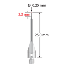 M3 stylus with 0.25 mm diameter ruby ball, tapered carbide stem, and 5.0 mm diameter x 9.0 mm long titanium base. Overall stylus length is 25.0 mm. Stylus weight is 0.59 gram.
