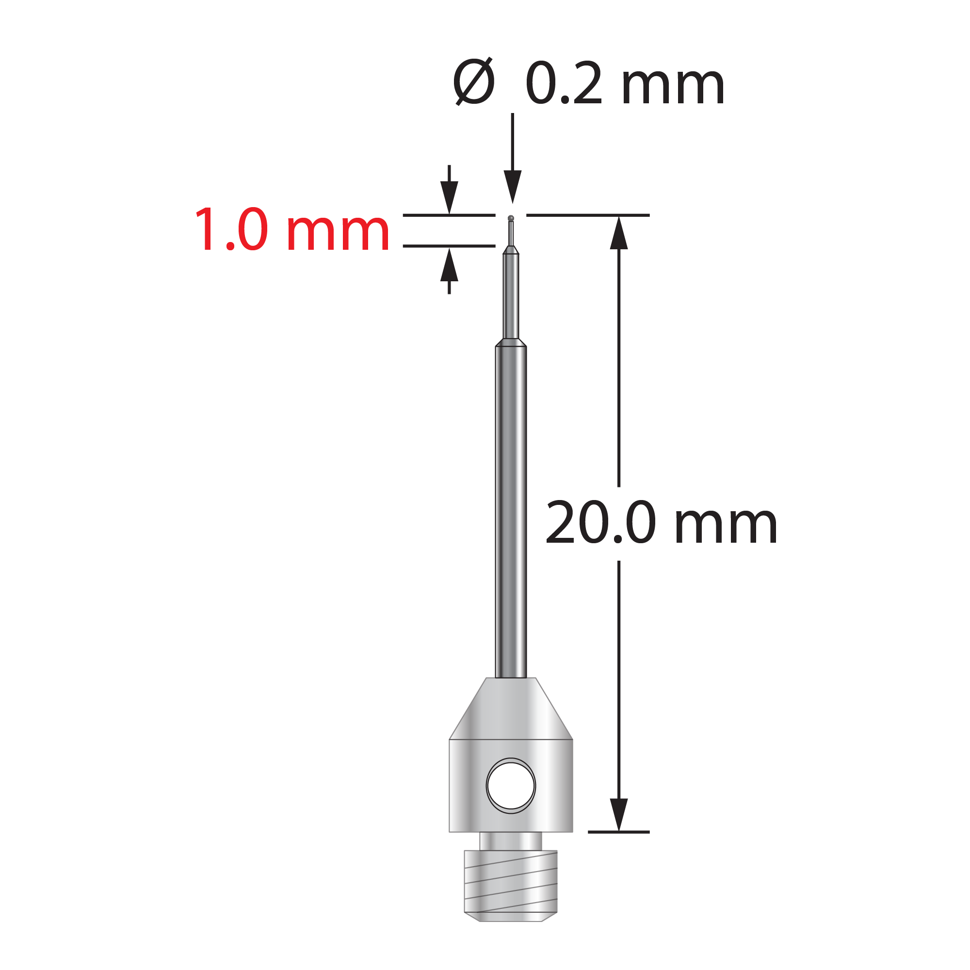 TM3-0220-C M3 stylus with 0.2mm carbide ball, stepped carbide stem, and stainless steel base, 20mm long.