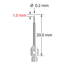 TM3-0220-C M3 stylus with 0.2mm carbide ball, stepped carbide stem, and stainless steel base, 20mm long.