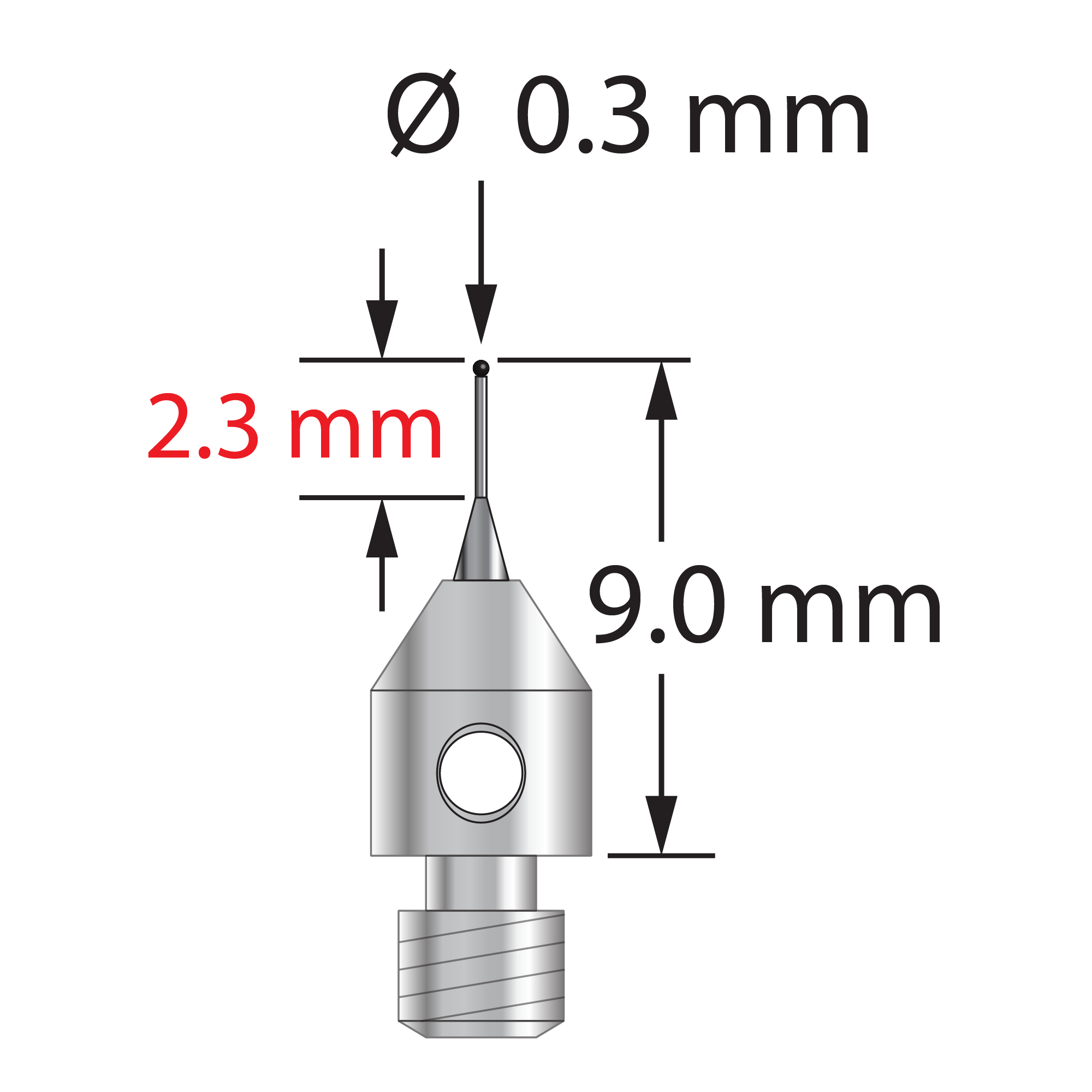 TM3-0309-SN M3 0.3mm silicon nitride stylus with tapered carbide stem, stainless steel base, 9.0mm long by Q-Mark Manufacturing, Inc.