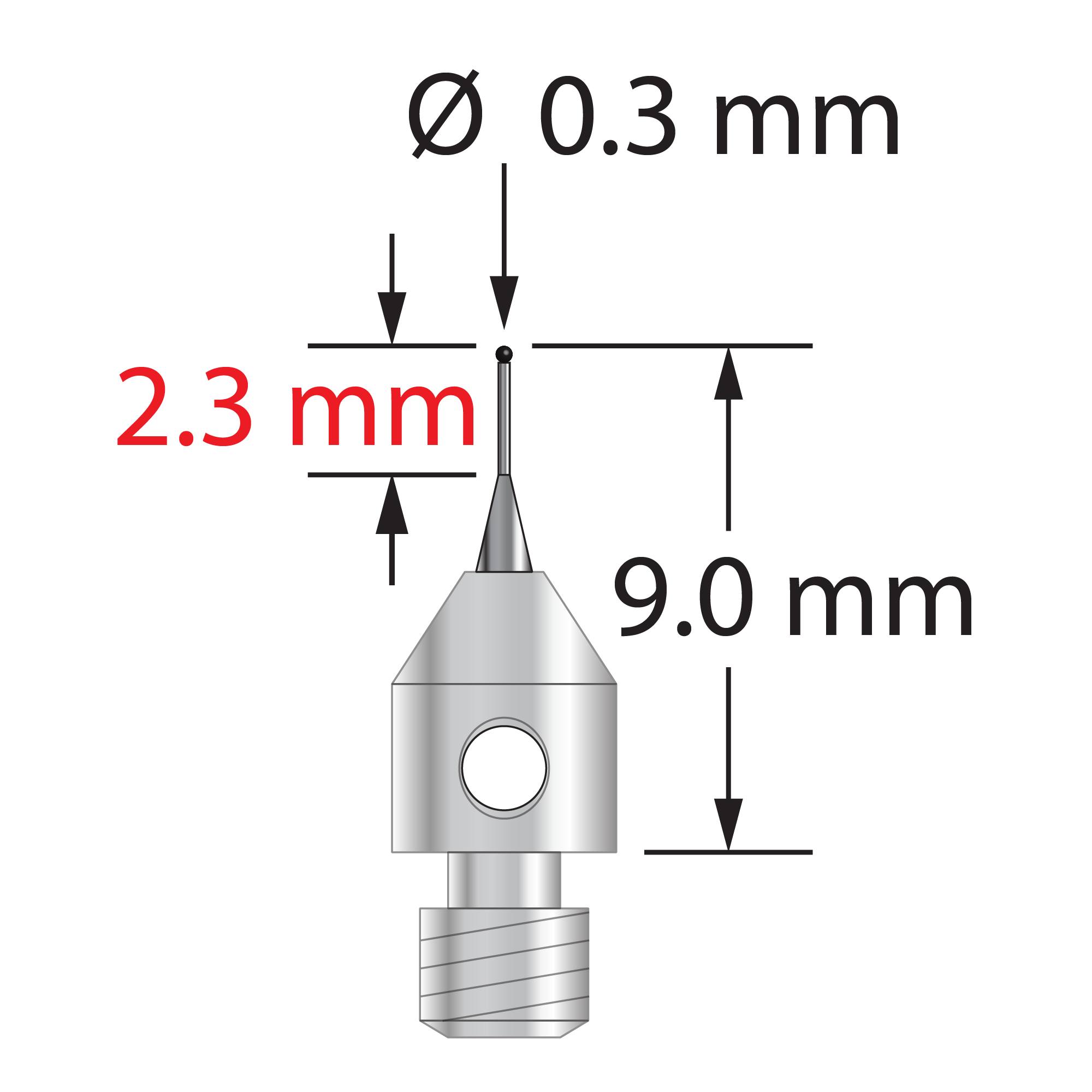 M3 stylus with 0.3 mm diameter silicon nitride ball, tapered carbide stem, and 4.0 mm diameter x 5.0 mm long stainless steel base. Minor stem diameter is 0.2 mm; major diameter is 1.0 mm. Overall stylus length is 9.0 mm. Weight is 0.43 gram. Compare to Zeiss 626123-5245-009.