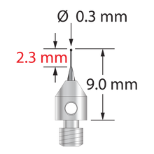 M3 stylus with 0.3 mm diameter silicon nitride ball, tapered carbide stem, and 4.0 mm diameter x 5.0 mm long stainless steel base. Minor stem diameter is 0.2 mm; major diameter is 1.0 mm. Overall stylus length is 9.0 mm. Weight is 0.43 gram. Compare to Zeiss 626123-5245-009.
