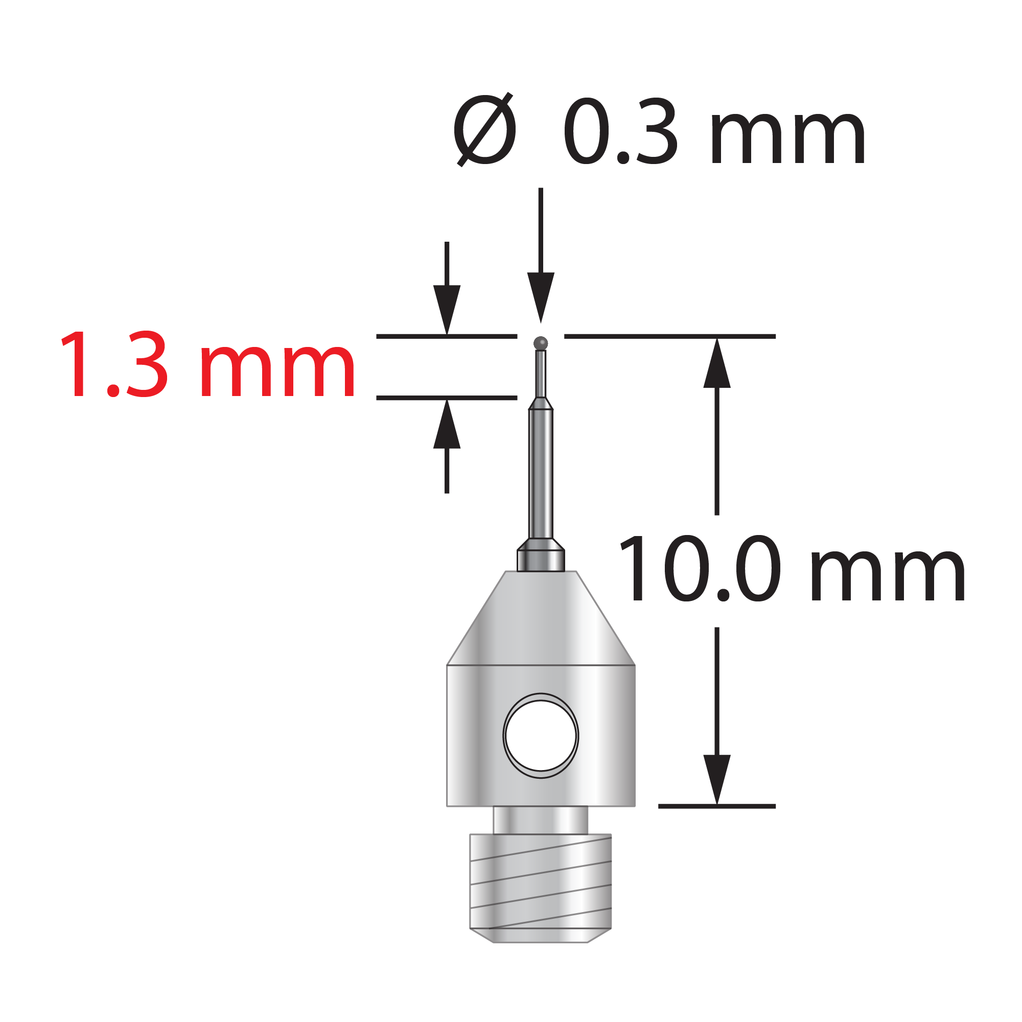 TM3-0310-C M3 stylus with 0.3mm carbide ball, stepped carbide stem, and stainless steel base, 10.0mm long.