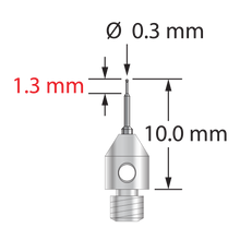 TM3-0310-C M3 stylus with 0.3mm carbide ball, stepped carbide stem, and stainless steel base, 10.0mm long.