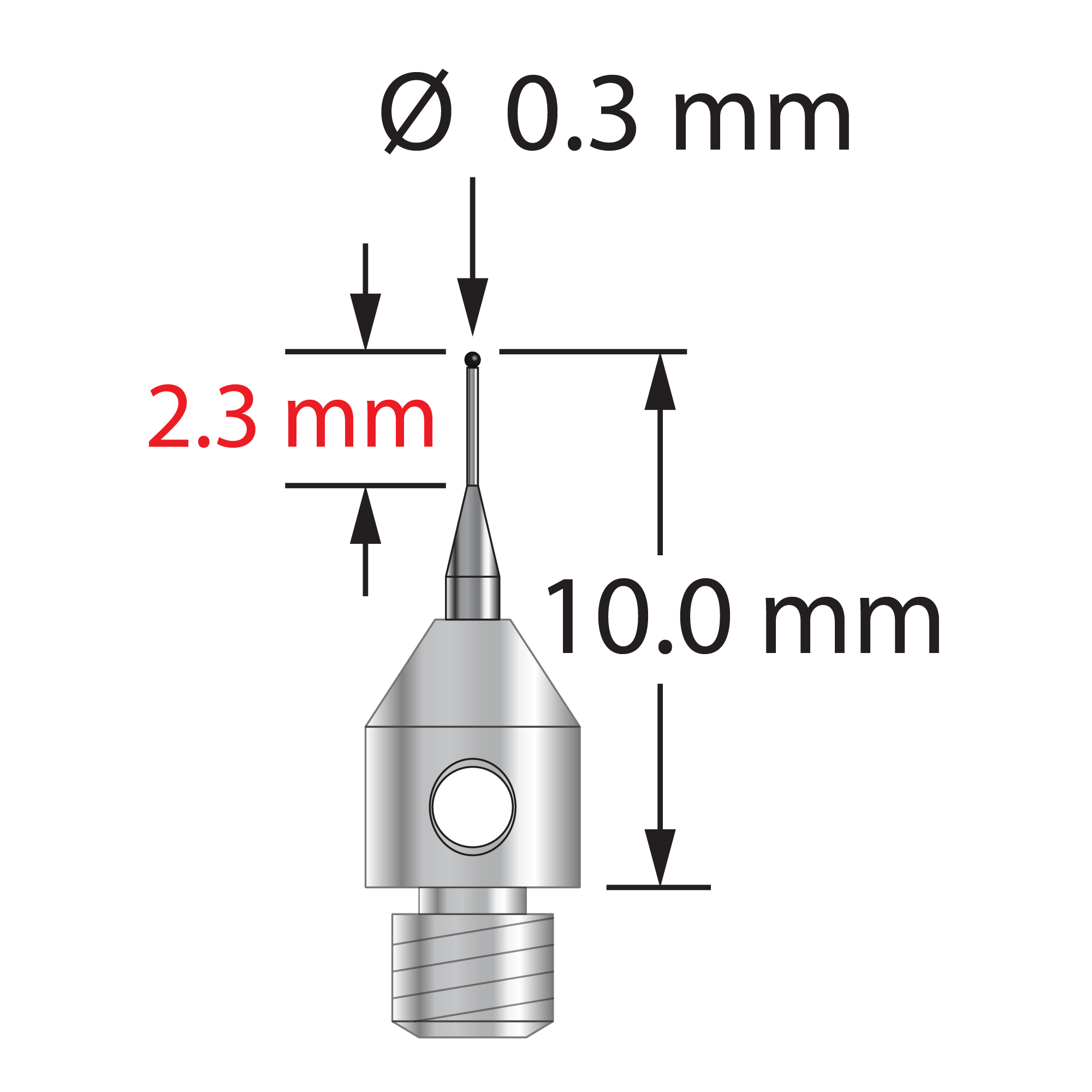 TM3-0310-SN M3 stylus with 0.3mm silicon nitride ball, tapered carbide stem, and stainless steel base by Q-Mark Manufacturing, Inc.