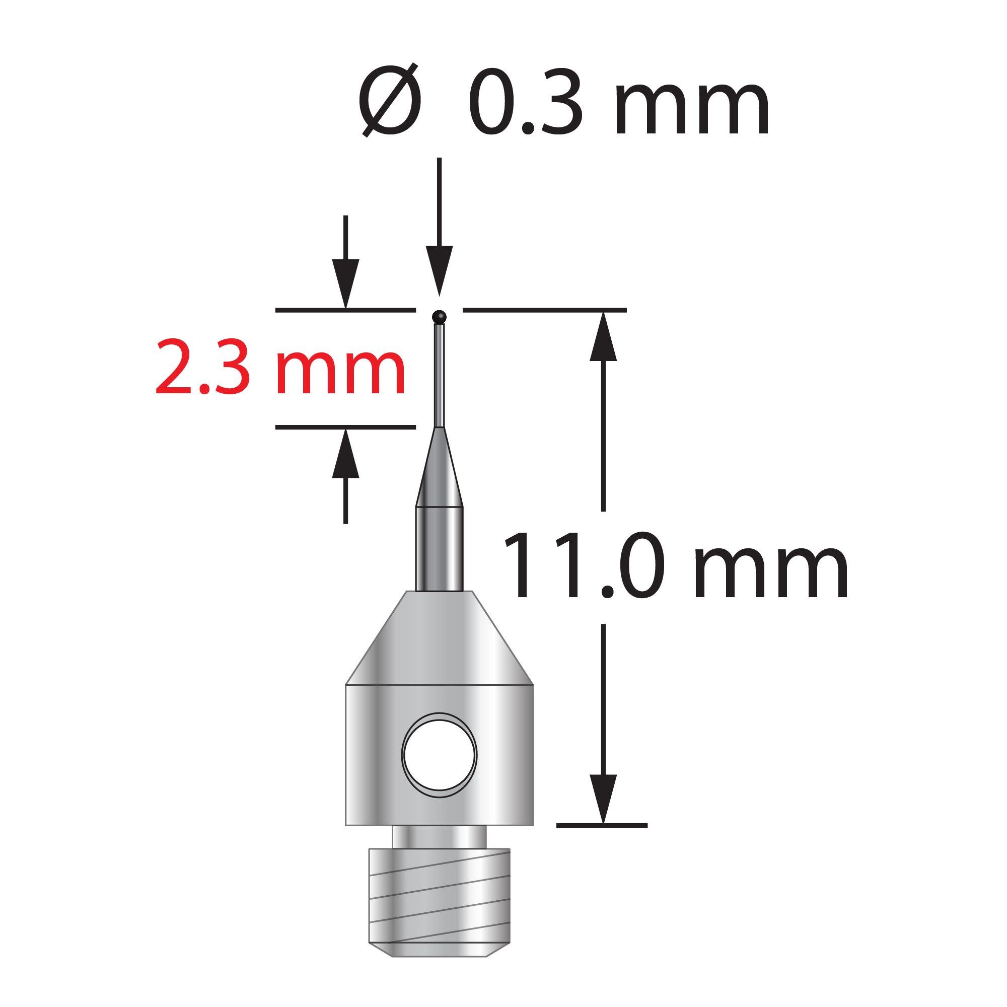 TM3-0311-SN M3 stylus with 0.3mm silicon nitride ball, tapered carbide stem, stainless steel base, 11mm long by Q-Mark Manufacturing, Inc.