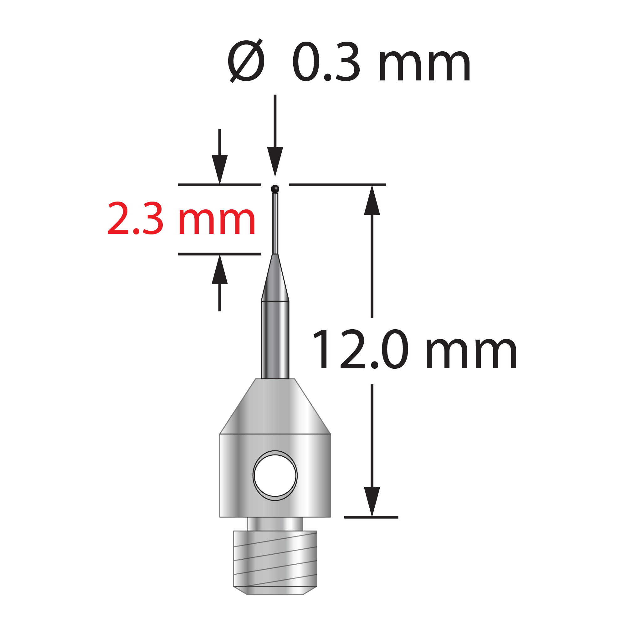 TM3-0312-SN M3 0.3mm silicon nitride ball stylus with tapered carbide stem and stainless steel base, 12.0mm long by Q-Mark Manufacturing, Inc.