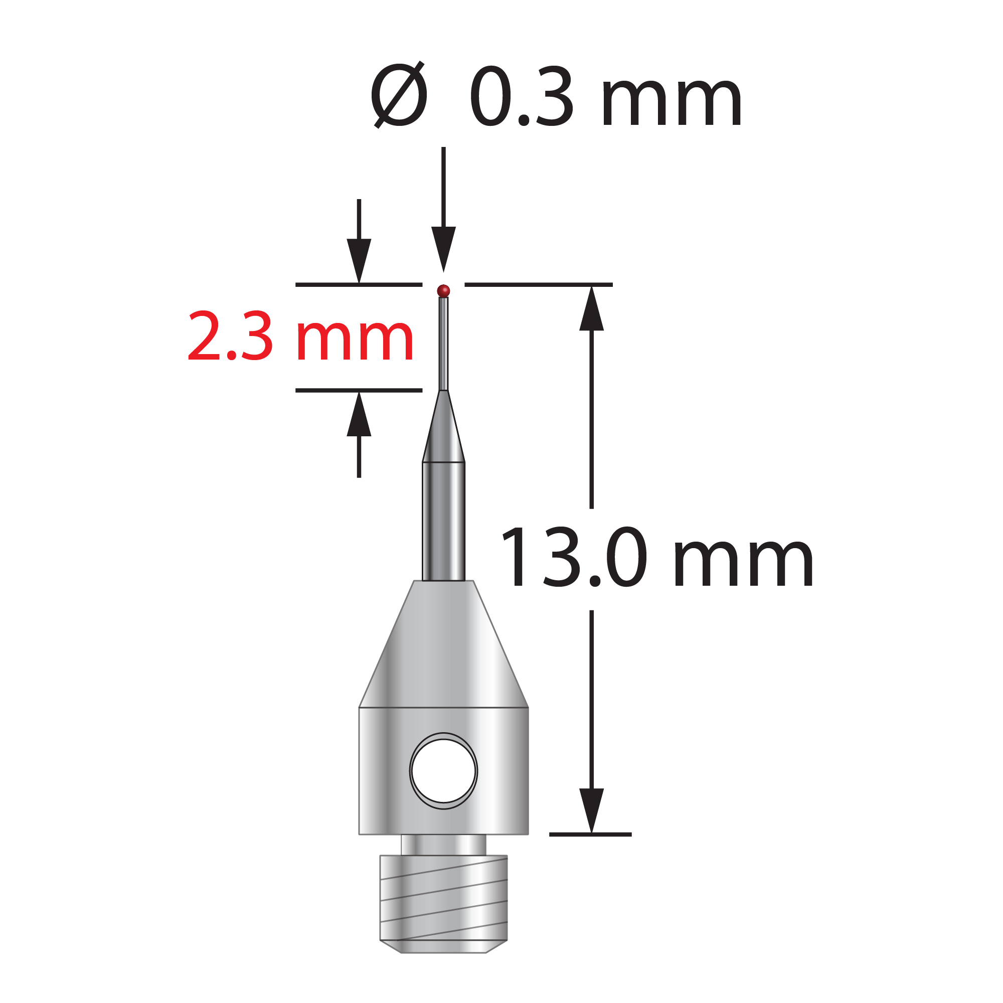 TM3-0313-06-R M3 stylus with 0.3mm ruby ball, tapered carbide stem, and stainless steel base by Q-Mark Manufacturing, Inc.