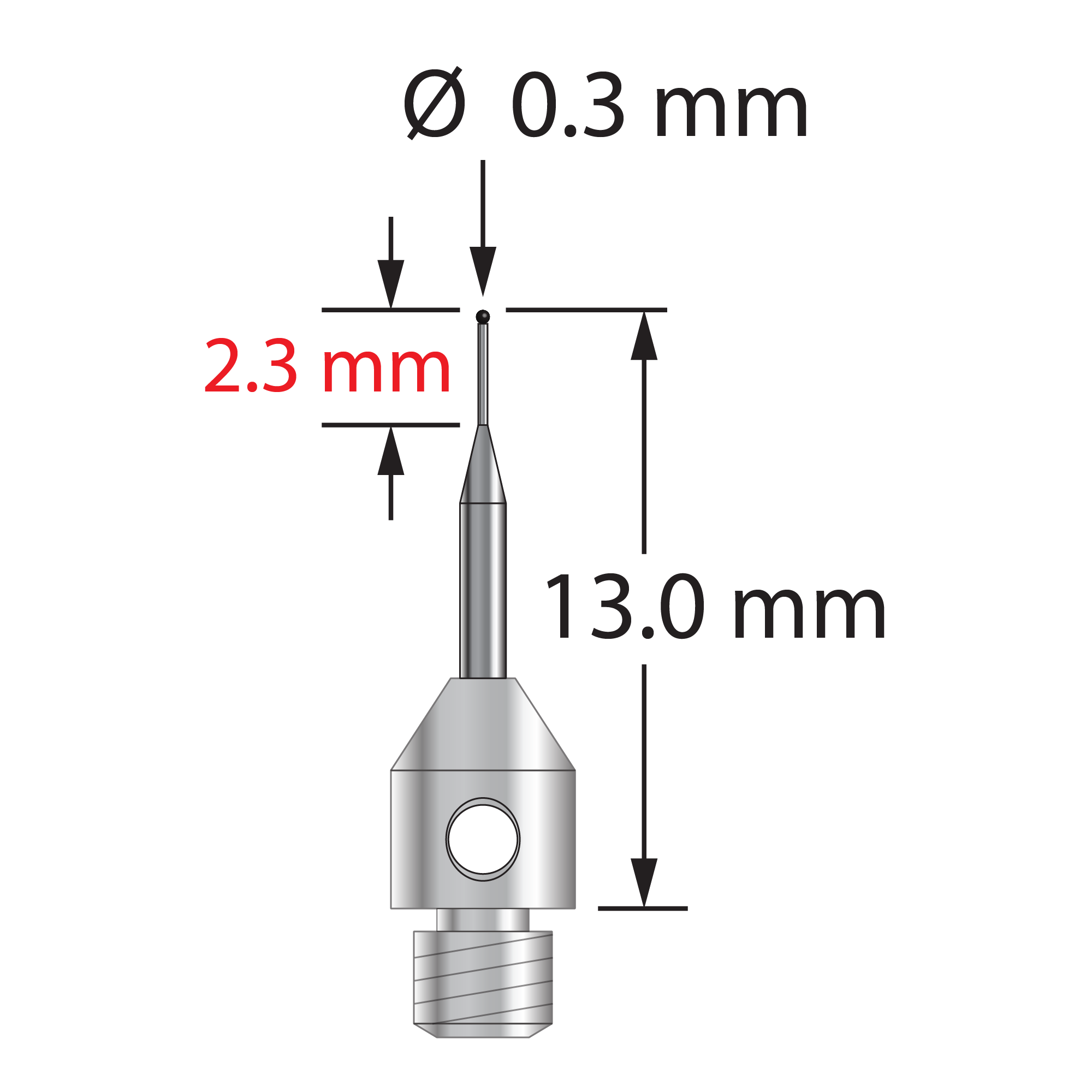 TM3-0313-SN M3 0.3mm silicon nitride stylus with tapered carbide stem and stainless steel base, 13mm long by Q-Mark Manufacturing, Inc.