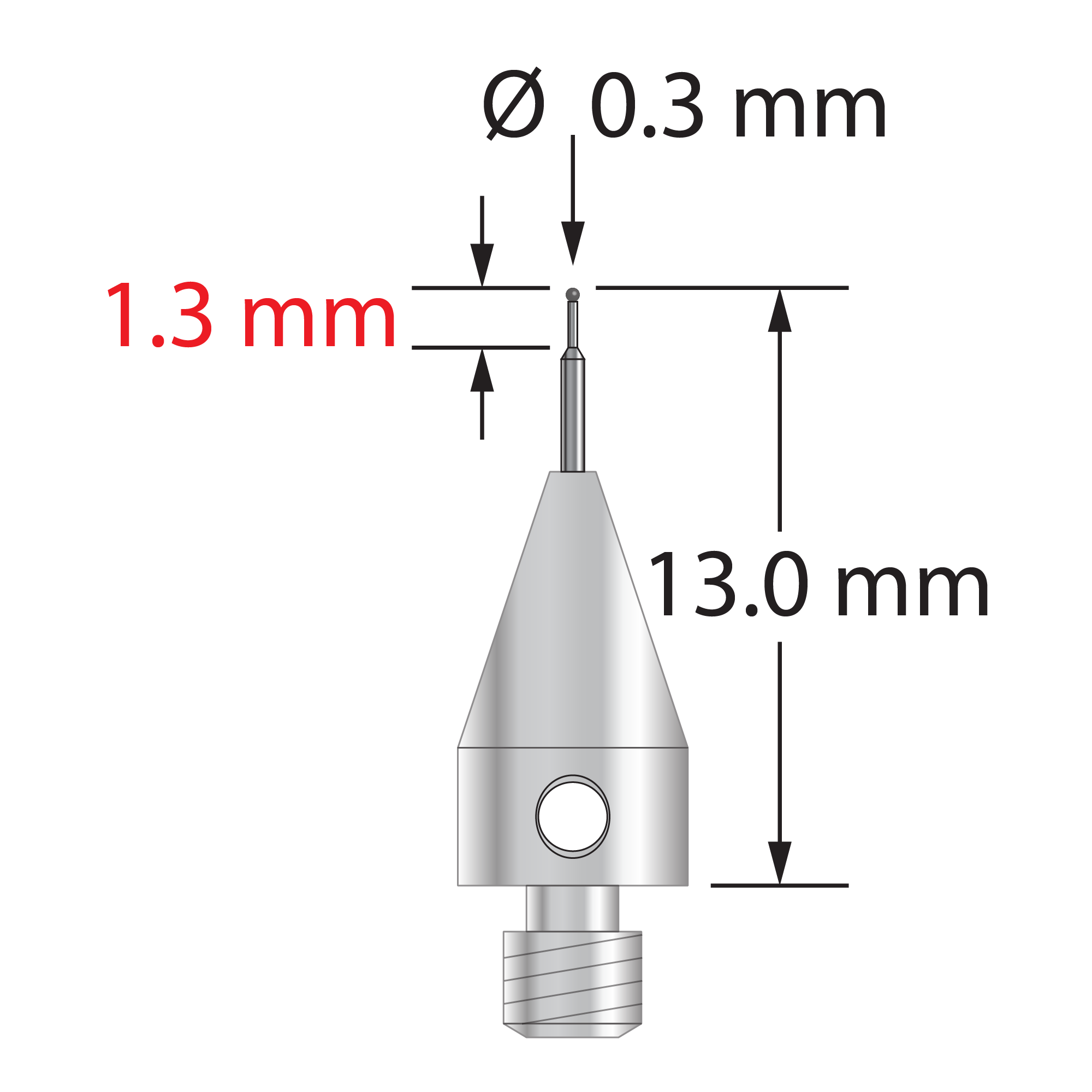 M3 stylus with 0.3 mm diameter carbide ball, stepped carbide stem, and 5.0 mm diameter x 9.0 mm long titanium base. Minor stem diameter is 0.2 mm, intermediate diameter is 0.5 mm, major diameter is 1.0 mm. Overall stylus length is 13.0 mm. Stylus weight is 0.46 gram.
