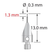 M3 stylus with 0.3 mm diameter carbide ball, stepped carbide stem, and 5.0 mm diameter x 9.0 mm long titanium base. Minor stem diameter is 0.2 mm, intermediate diameter is 0.5 mm, major diameter is 1.0 mm. Overall stylus length is 13.0 mm. Stylus weight is 0.46 gram.