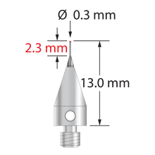 M3 XXT stylus with 0.3 mm diameter ruby ball, tapered carbide stem, and 5.0 mm diameter x 9.0 mm long titanium base. Minor stem diameter is 0.2 mm; major diameter is 1.0 mm. Overall stylus length is 13.0 mm. Stylus weight is 0.46 gram. Compare to Zeiss 626113-0030-013 and Renishaw A-5004-3176.