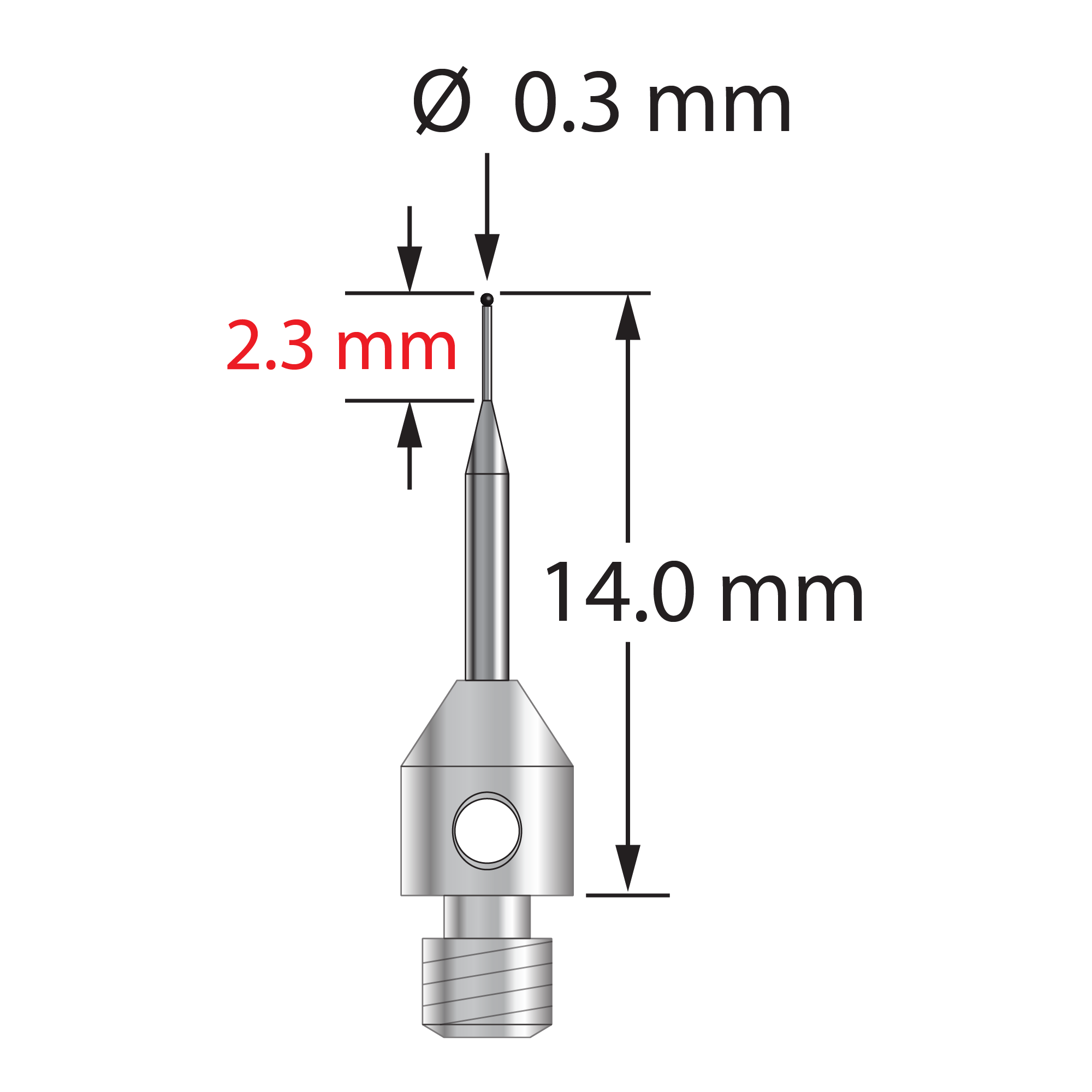 TM3-0314-SN M3 stylus with 0.3mm silicon nitride ball, tapered carbide stem, and stainless steel base by Q-Mark Manufacturing, Inc.