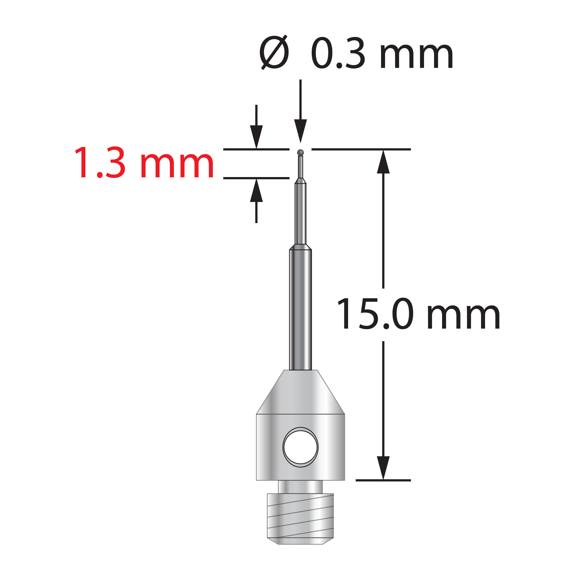 TM3-0315-C M3 stylus with 0.3mm carbide ball, stepped carbide stem, and stainless steel base, 15mm long.