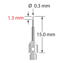 TM3-0315-C M3 stylus with 0.3mm carbide ball, stepped carbide stem, and stainless steel base, 15mm long.
