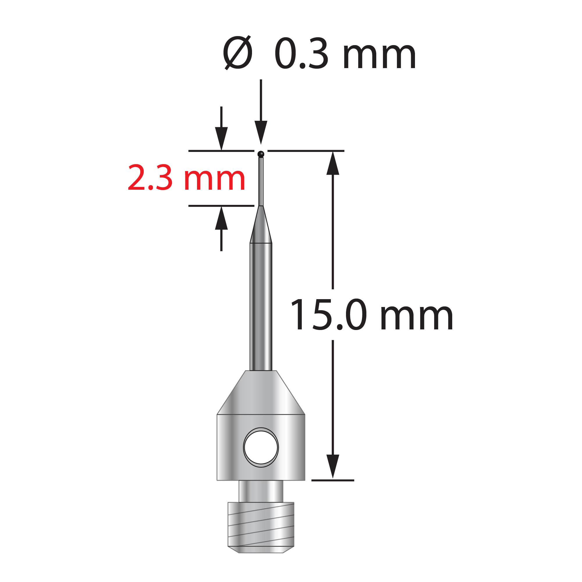 TM3-0315-SN M3 0.3mm silicon nitride ball stylus with tapered carbide stem and stainless steel base, 15mm long by Q-Mark Manufacturing, Inc.