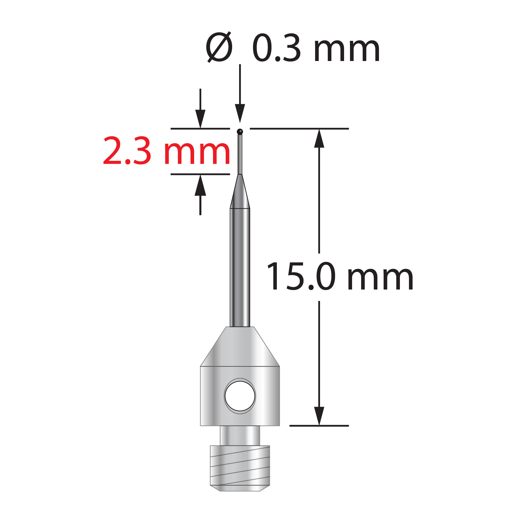 M3 stylus with 0.3 mm diameter silicon nitride ball, tapered carbide stem, and 4.0 mm diameter x 5.0 mm long stainless steel base. Minor stem diameter is 0.2 mm; major diameter is 1.0 mm. Overall stylus length is 15.0 mm. Weight is 0.49 gram. Compare to Zeiss 626123-5245-015.