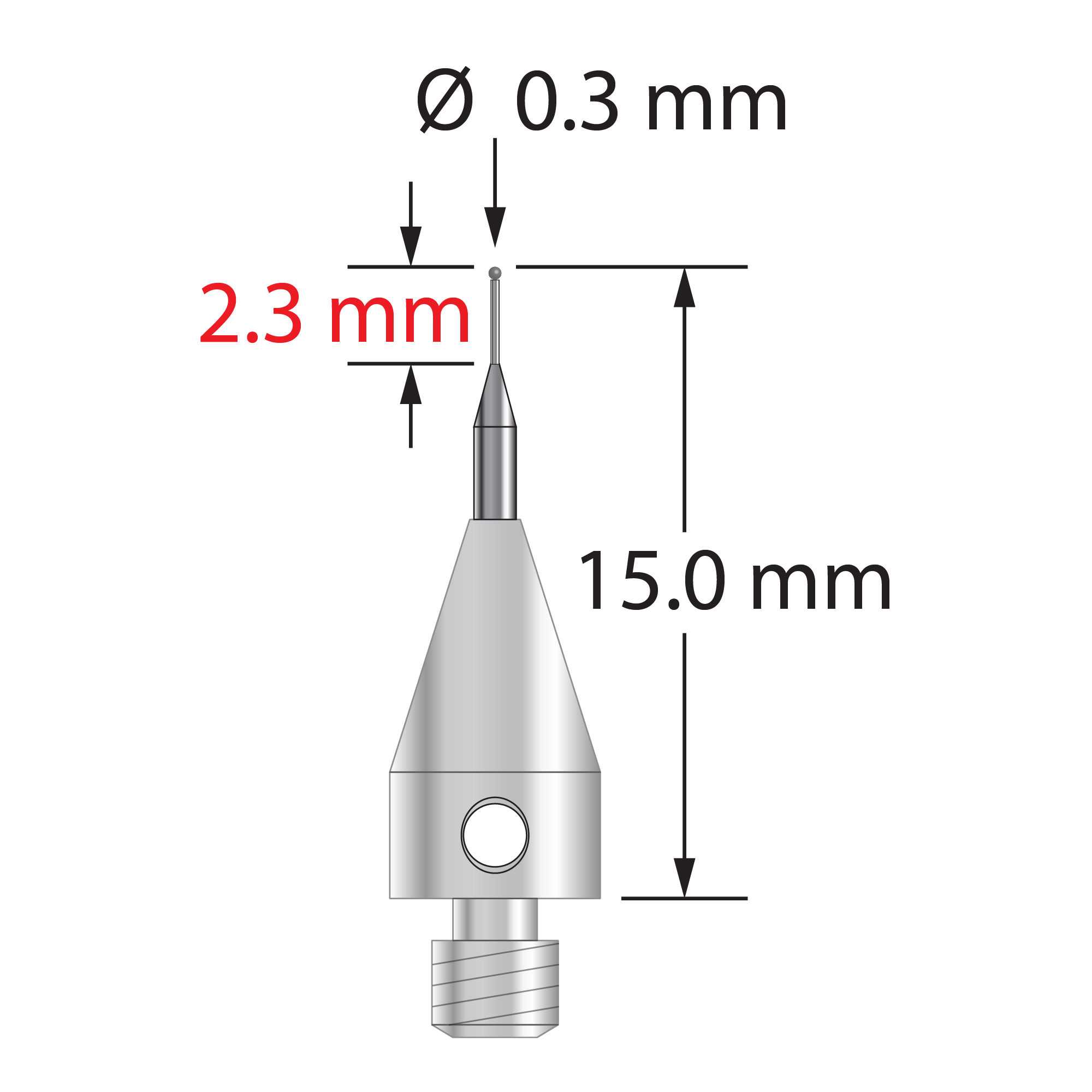 M3 XXT stylus with 0.3 mm diameter silicon nitride ball, tapered carbide stem, and 5.0 mm diameter x 9.0 mm long titanium base. Major stem diameter is 1.0 mm; minor diameter is 0.2 mm. Overall stylus length is 15.0 mm. Stylus weight is 0.49 gram. Compare to Zeiss 626103-5245-015.