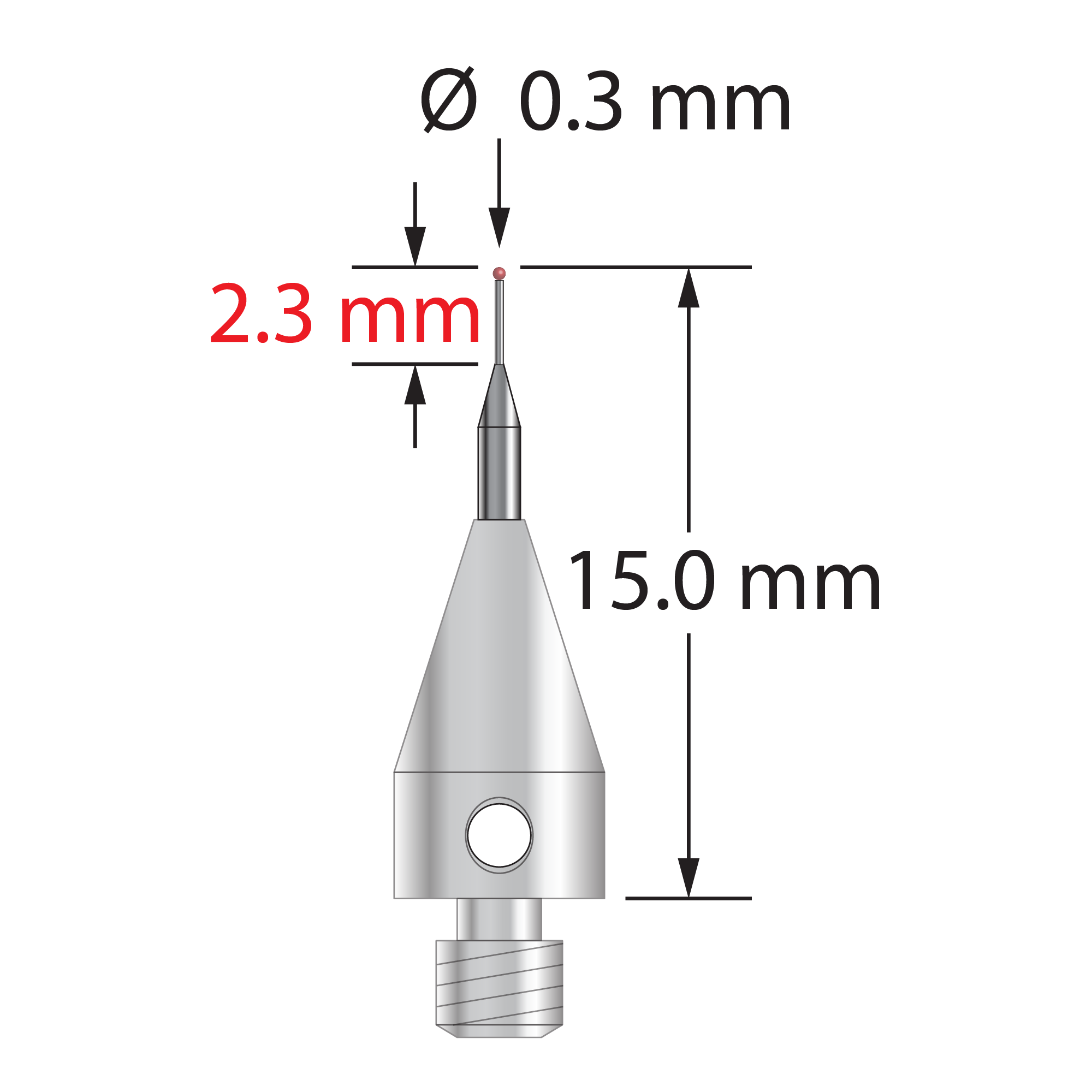 M3 stylus with 0.3 mm diameter ruby ball, tapered carbide stem, and 5.0 mm diameter x 9.0 mm long titanium base. Overall stylus length is 15.0 mm. Stylus weight is 0.49 gram. Compare to Zeiss 626113-0030-015.